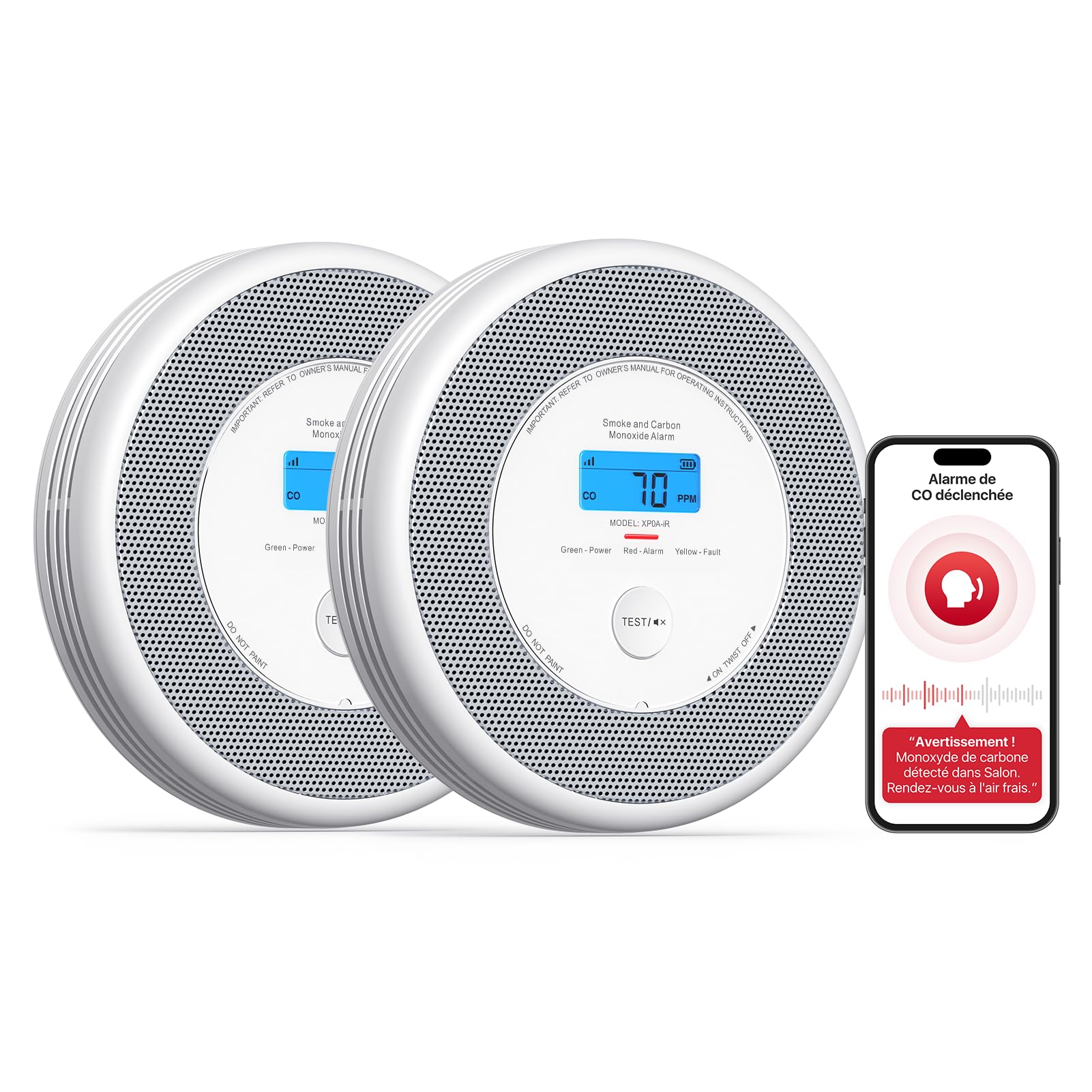 X-Sense Rilevatore di fumo e monossido di carbonio collegato con funzione di allarme vocale in francese, rilevatore di fumo Wi-FI compatibile con X-Sense Home Security App, XP0A-iR, confezione da 2