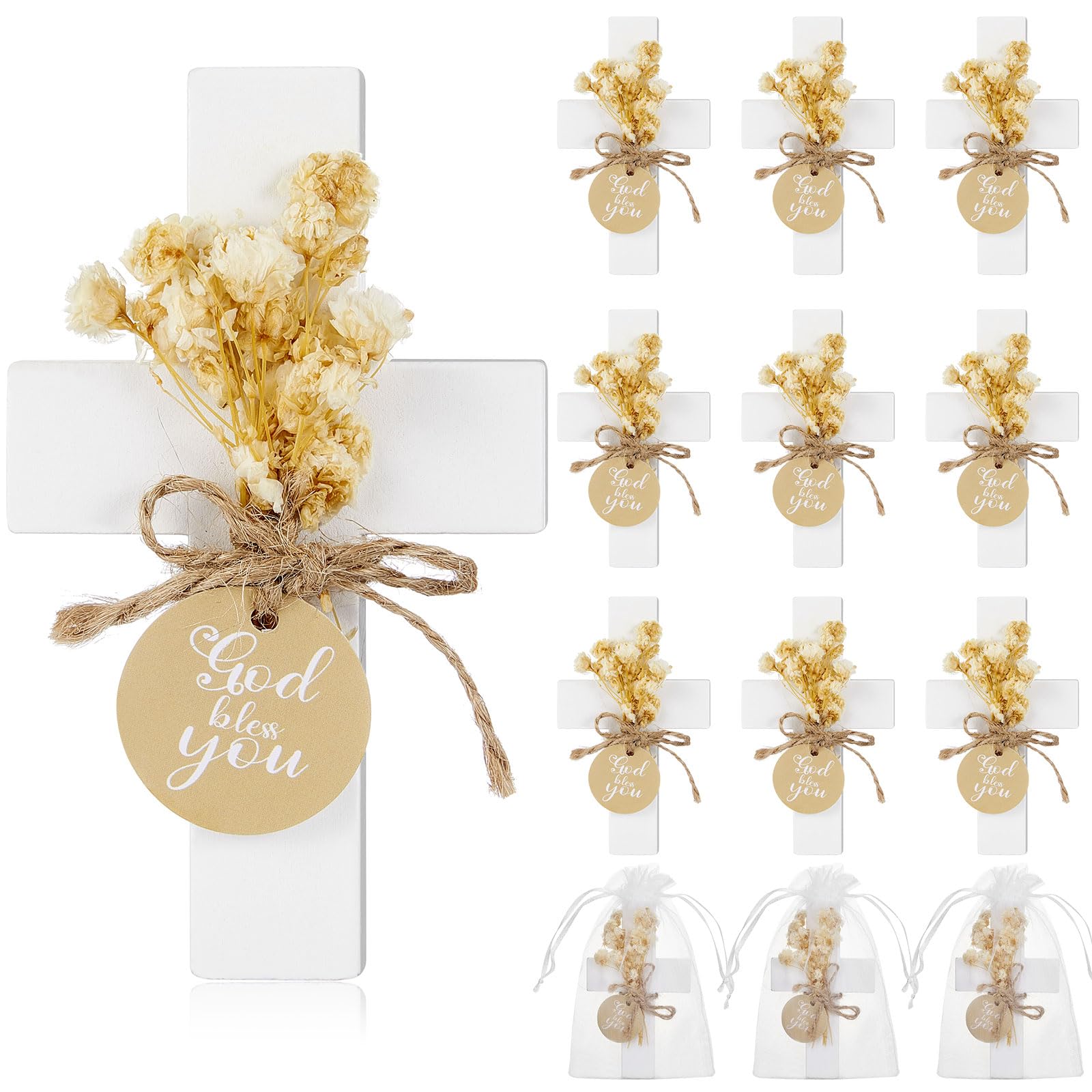 Flutesan 12 Sets Baptism Favors for Guests First Communion Wooden Cross Magnets with Flower and Bag for Baptism Party Decoration, Gathering, Baby Shower, Christen Souvenirs Gift (White)