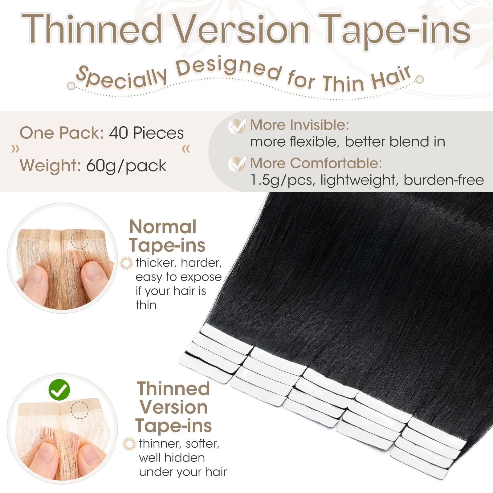 Elailite Tape in Extensions Human Hair 40 Pcs Invisible Thin Type (1.5g/pcs) - Image 2