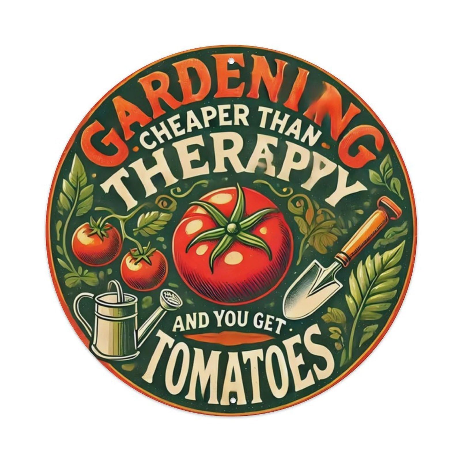 Funny Gardening Quote Gardening Cheaper Than Therapy Round Decorative Sign Vintage Aluminium Metal Sign, Retro Wall Decor for Home, Bar, Garage & Farmhouse 20x20cm