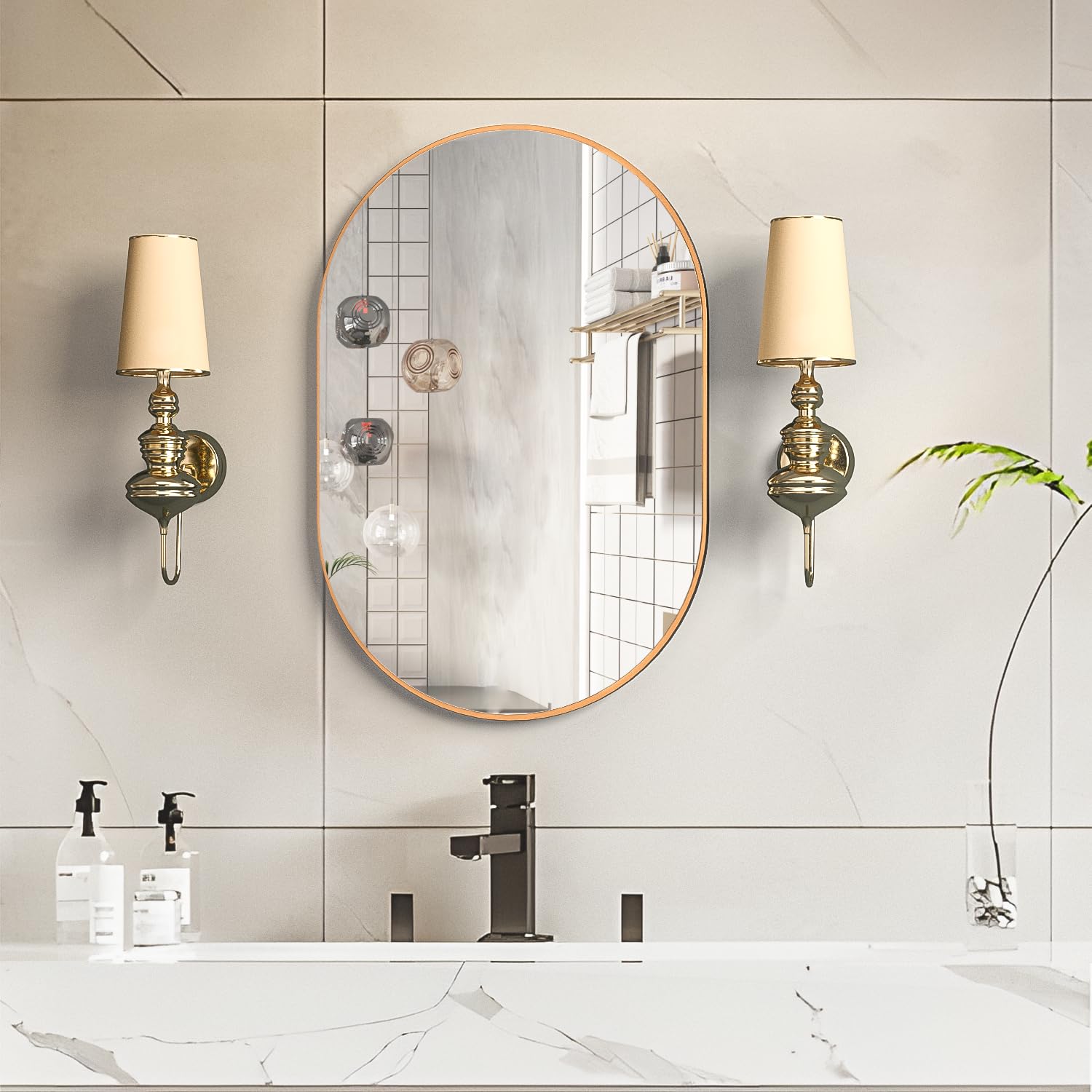Ovale Miroir de Salle de Bain, 50x75cm Miroir Mural Ovale, Doré Miroirs Ovales pour Meubles Lavabos, Capsule Miroir Mural, Moderne avec Cadre en métal doré pour Chambre à Coucher