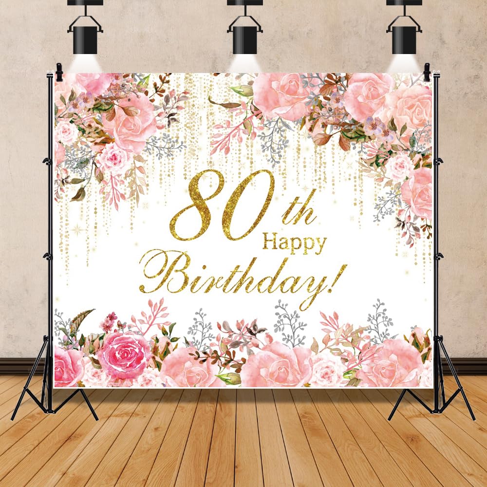 Pnylzzyxh Happy 80th Birthday Backdrop Pink Watercolor Floral Golden Curtains Backdrop for Women Grandma Theme Birthday Party Decorations Banner