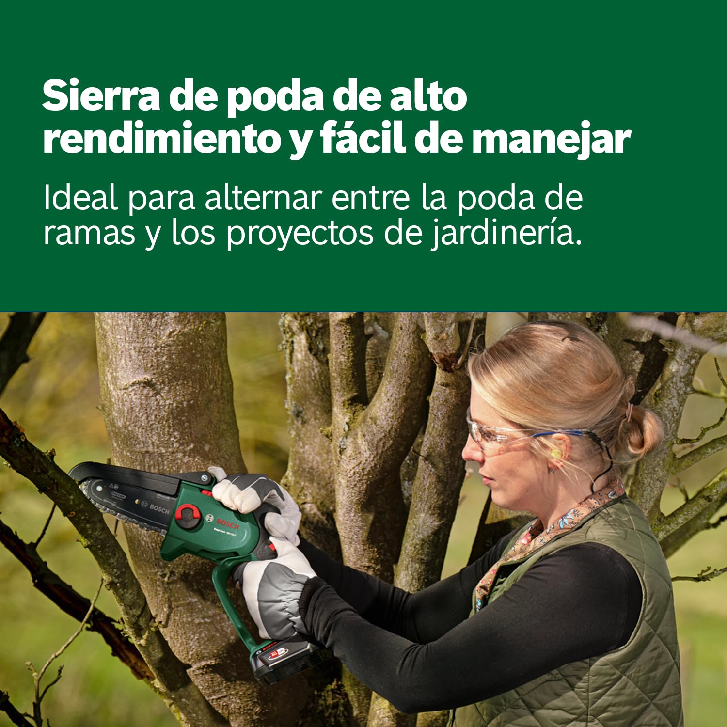 Bosch Mini Motosierra a Batería EasyChain 18V-15-7 (Para cortar madera; sistema de 18 voltios; velocidad de la cadena: 6,95 m/s; con batería de 2,5 Ah y cargador)
