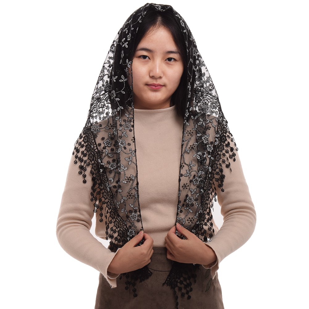 Blessume Women's Black 1Pc Mantilla Catholic Veil Lace Chapel Triangle Church Latin Mass Shawl (Black)