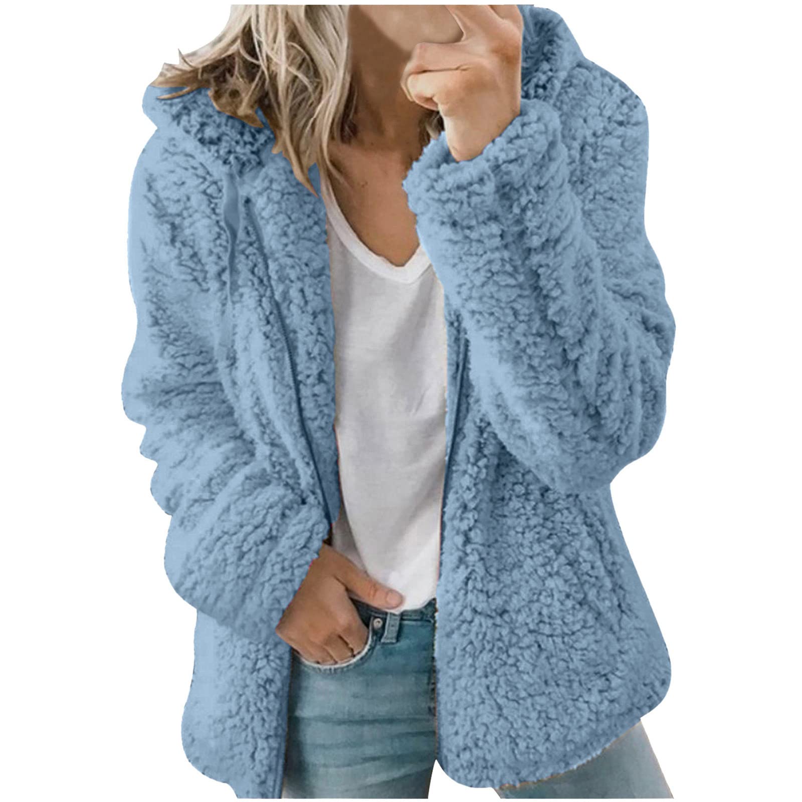 Womens Fluffy Fleece Coat Sherpa Faux Fur Jackets with Hood Fuzzy Full Zip Hooded Sweatshirt Solid Hoodies Outwear