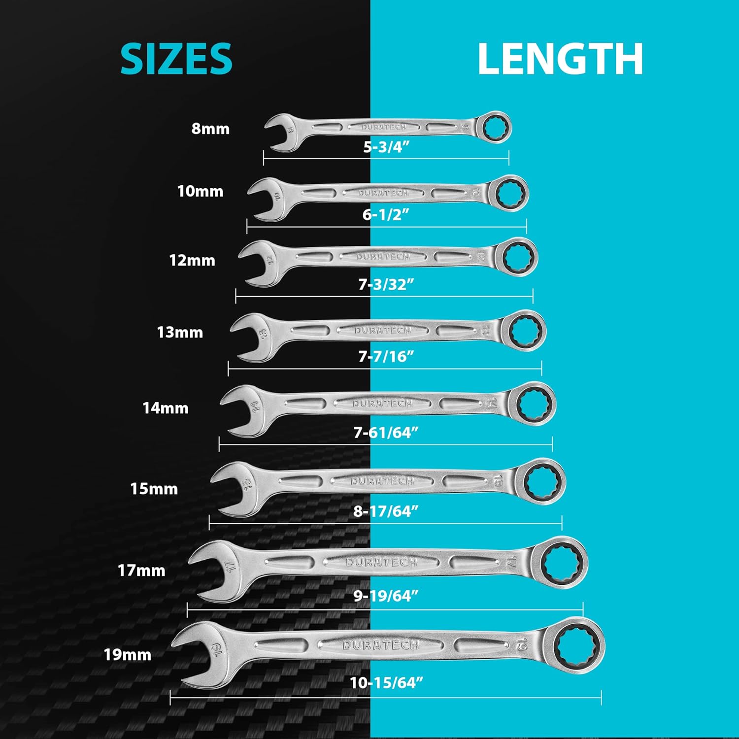 DURATECH Ratcheting Combination Wrench Sets, Metric 8mm to 19mm open end wrench set, 8-Piece, 90-Tooth, Chrome Vanadium Steel, Heat Treatment, Sand Blasting and Bright Chrome Plating Box Wrench Sets