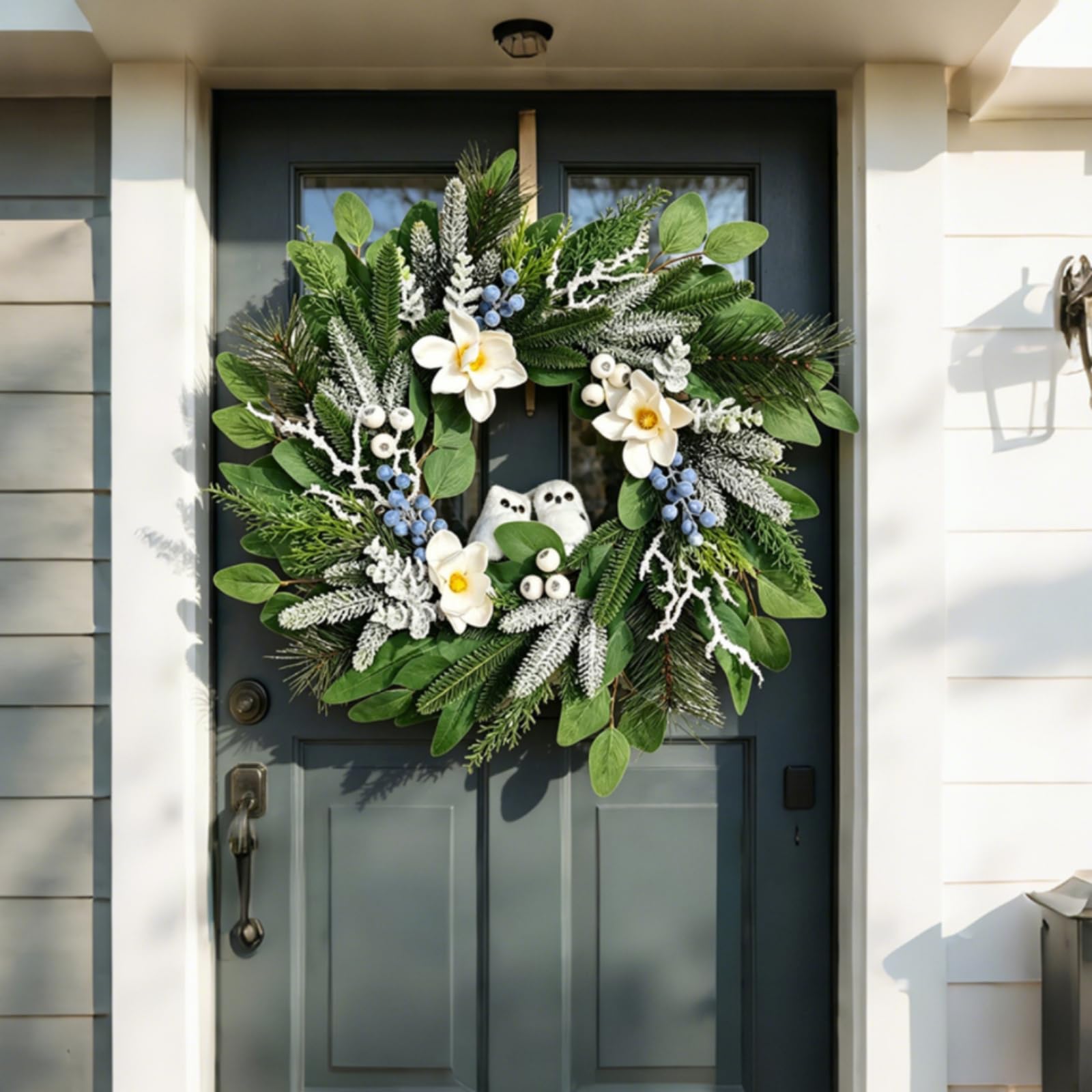 F Fityle Guirnalda para Puerta Guirnalda Corona Adorno Navideño Arreglo con Frutas Decorativas y Flores Suaves de Tela Seda, Guirnalda De Flores con Búhos