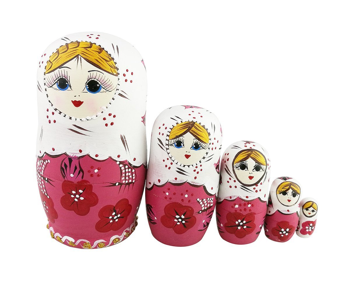 Lot de 5 poupées russes russes en bois avec fleurs rouges et roses - Jouet empilable en bois fait à la main - Cadeau amusant pour chambre d'enfant