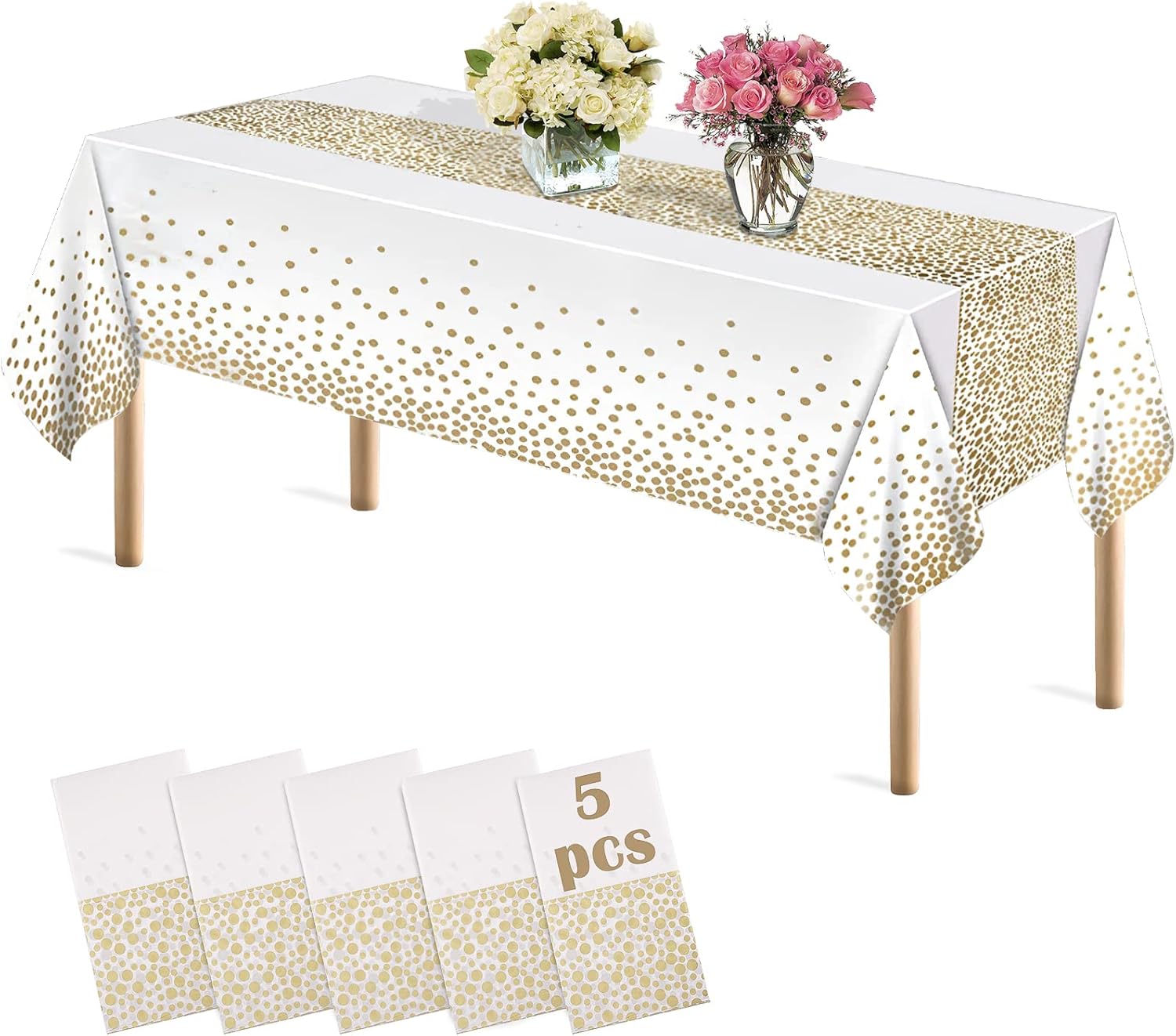 Brynnl 5 Pack Plastic Table Cloth, Gold White Dot Table Cloths for