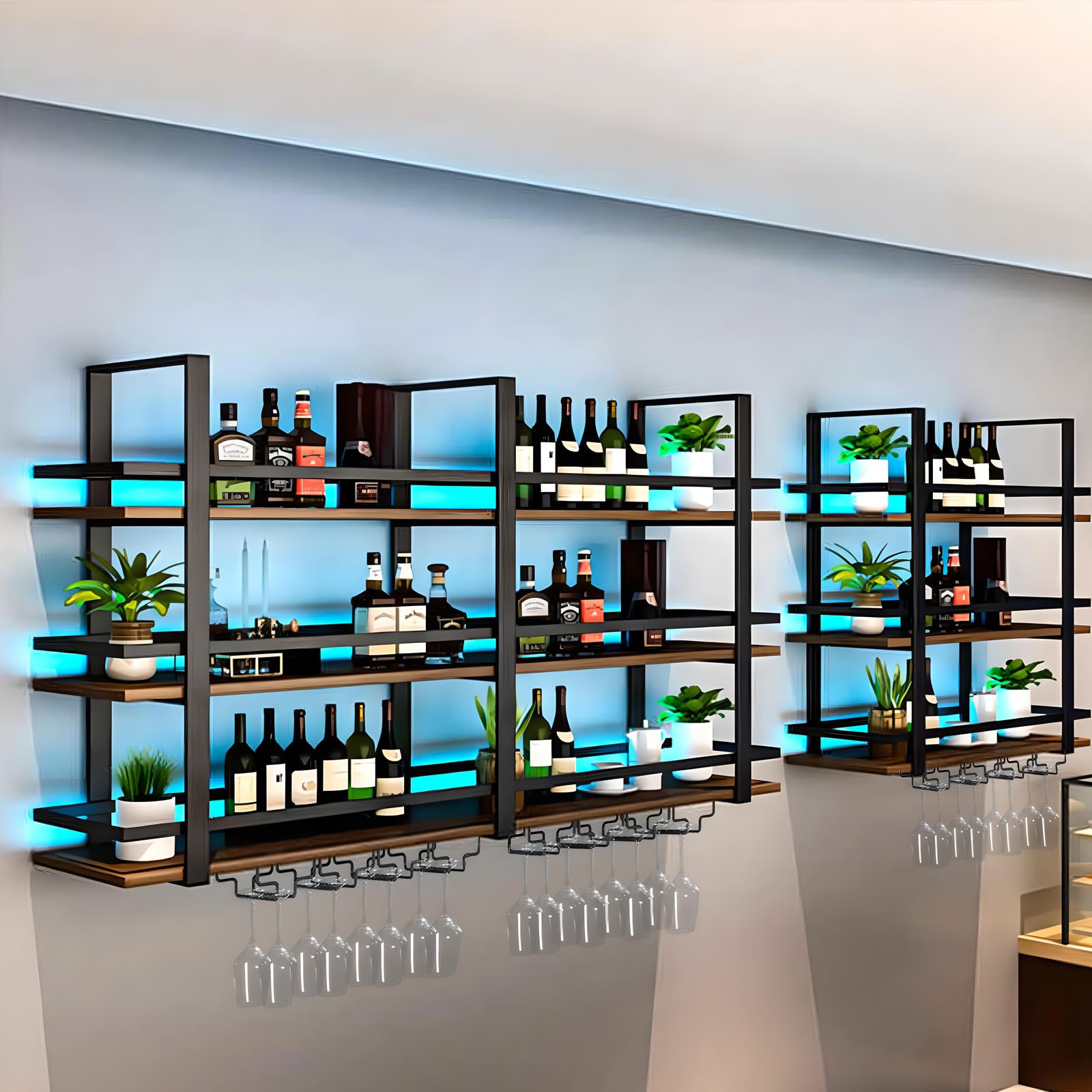 Portabottiglie da Parete con luci a LED, Ripiani Espositivi Galleggianti in Metallo a 3 Livelli per Liquori, con Portabicchieri, Portabottiglie da Parete Industriale, per Bar, Cucina (Black, 140cm)