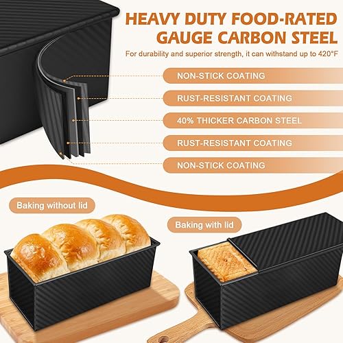 Miniatura 5 de Paquete de 2 moldes para pan con tapas – Capacidad de masa de 2.2 libras y 1 libra, moldes para pan de acero al carbono antiadherentes para pan Negro