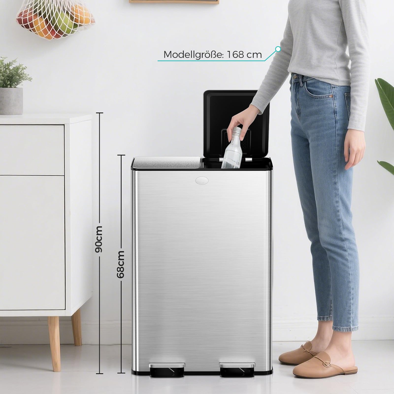 YASHE Mülleimer 2 Fächer mit Deckel, 2x30L Mülleimer Küche, Tretmülleimer Edelstahl mit 20 Müllbeuteln, Herausnehmbaren Inneneimern, Soft-Close