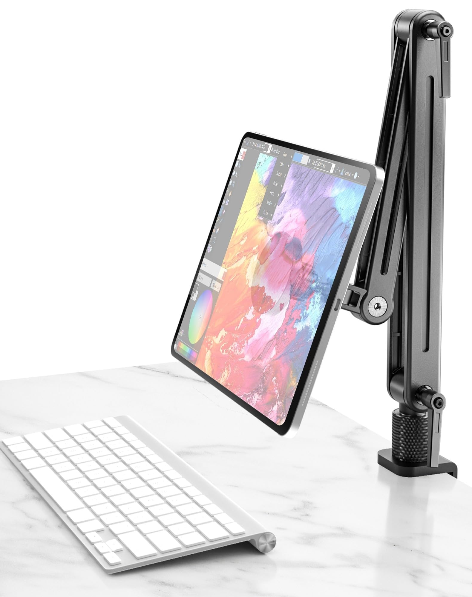 Soporte tablet 360° Rotativo para Mesa & Cama (4.7" 12.9" 15.6" 16" 17.3" y 18.5", VESA 75x75mm) – Estable Soporte iPad de Aluminio Magnético, Tablet holder para iPad, Móvil & Monitor Portátil