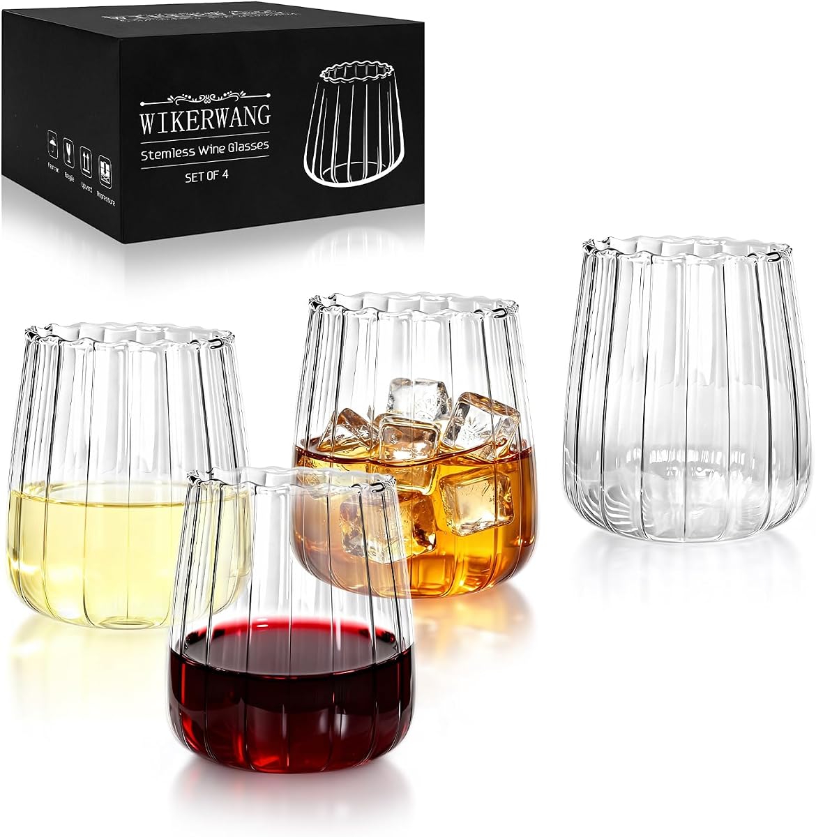 Juego de 4 copas de vino sin tallo sopladas a mano, copas de borosilicato de 17 oz con interior acanalado vertical, sin plomo, aptas para lavavajillas, para vino tinto o blanco y cócteles