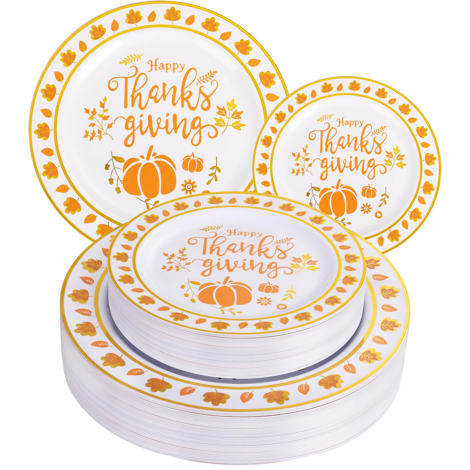 ejonirinjonir EI 60pcs Thanksgiving Plastic Plates,Thanksgiving Party Supplies,White and Gold Orange Plastic Plates,Fall Plastic Plates Disposable include 30 Dinner Plates and 30 Dessert Plates