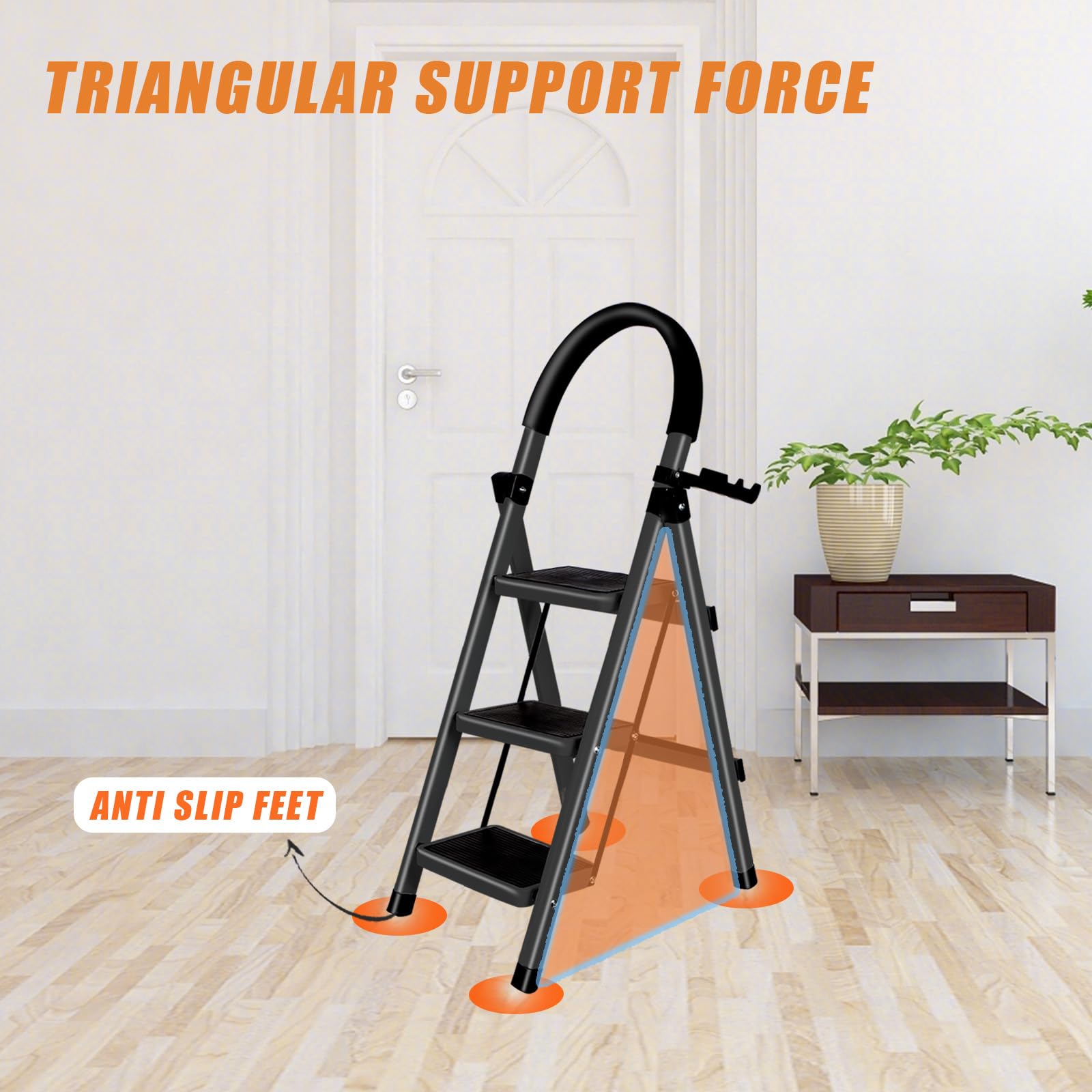 OHMG Escabeau 3 Marches avec Plateforme de Travail, Charge 150 kg Escabeau Pliable, Larges Marche Pied Pliable Antidérapantes, Tabouret en Acier Marche Pied Adulte,Charge 180 kg