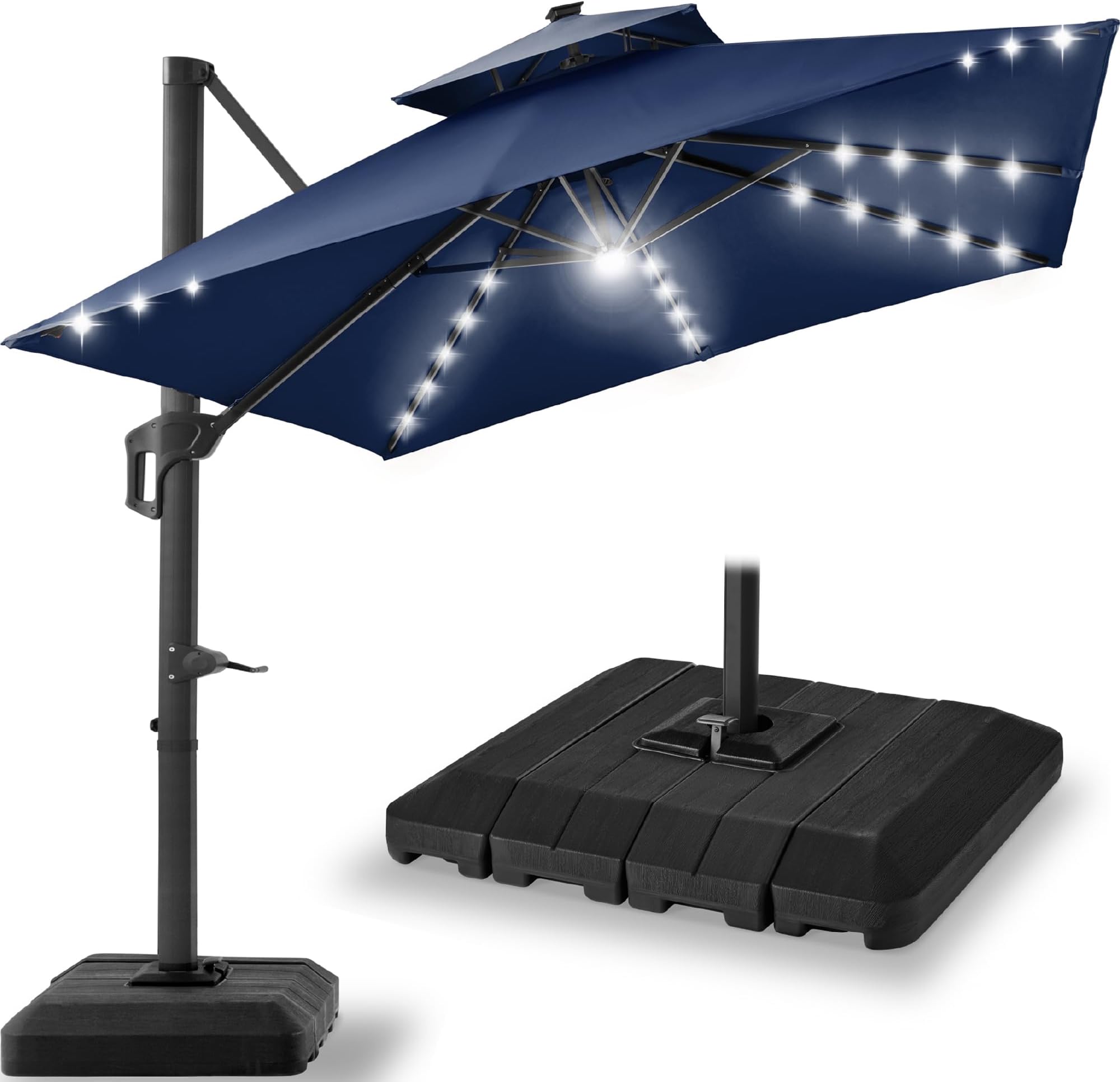 Best Choice Products 12x12ft LED Cantilever Patio Umbrella w/Base Included & 360° Rotation, Large Solar Offset Hanging Outdoor Sun Shade for Deck, Backyard Table w/Stand & Lights – Navy Blue