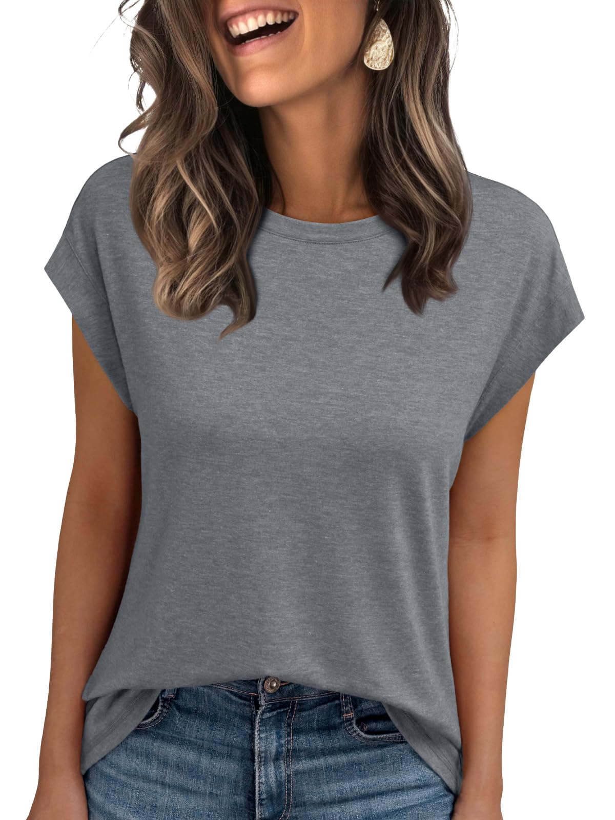 Women's Loose Fit Cap Sleeve Top, Comfort Crewneck Casual T-Shirt for Summer