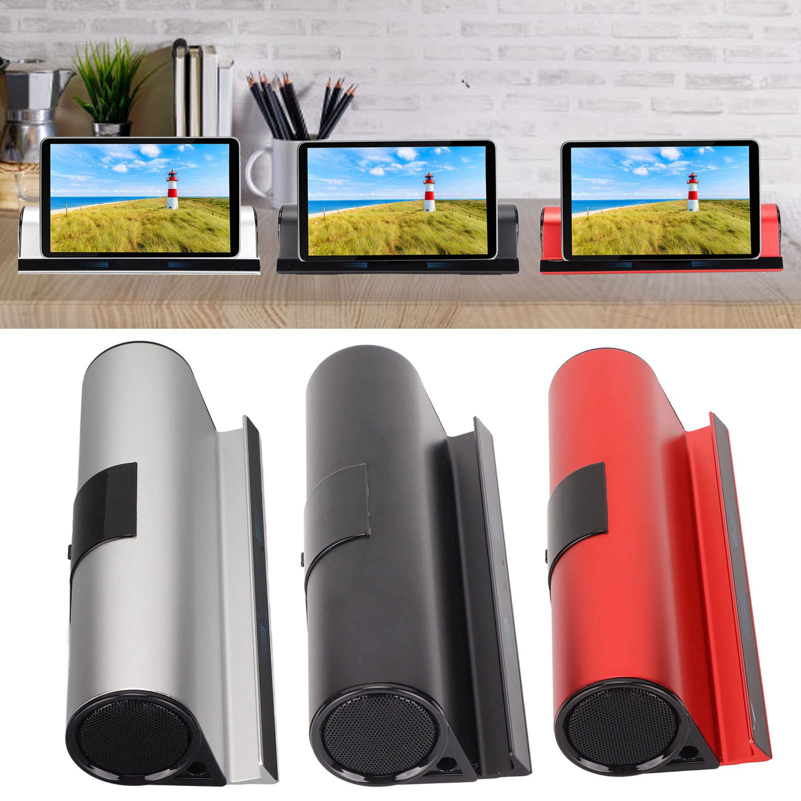 Altoparlante Bluetooth, 2 in 1, supporto per tablet e telefono, per scrivania, altoparlante stereo portatile, doppio driver, ricaricabile, elegante supporto per tablet, soundbar per la casa