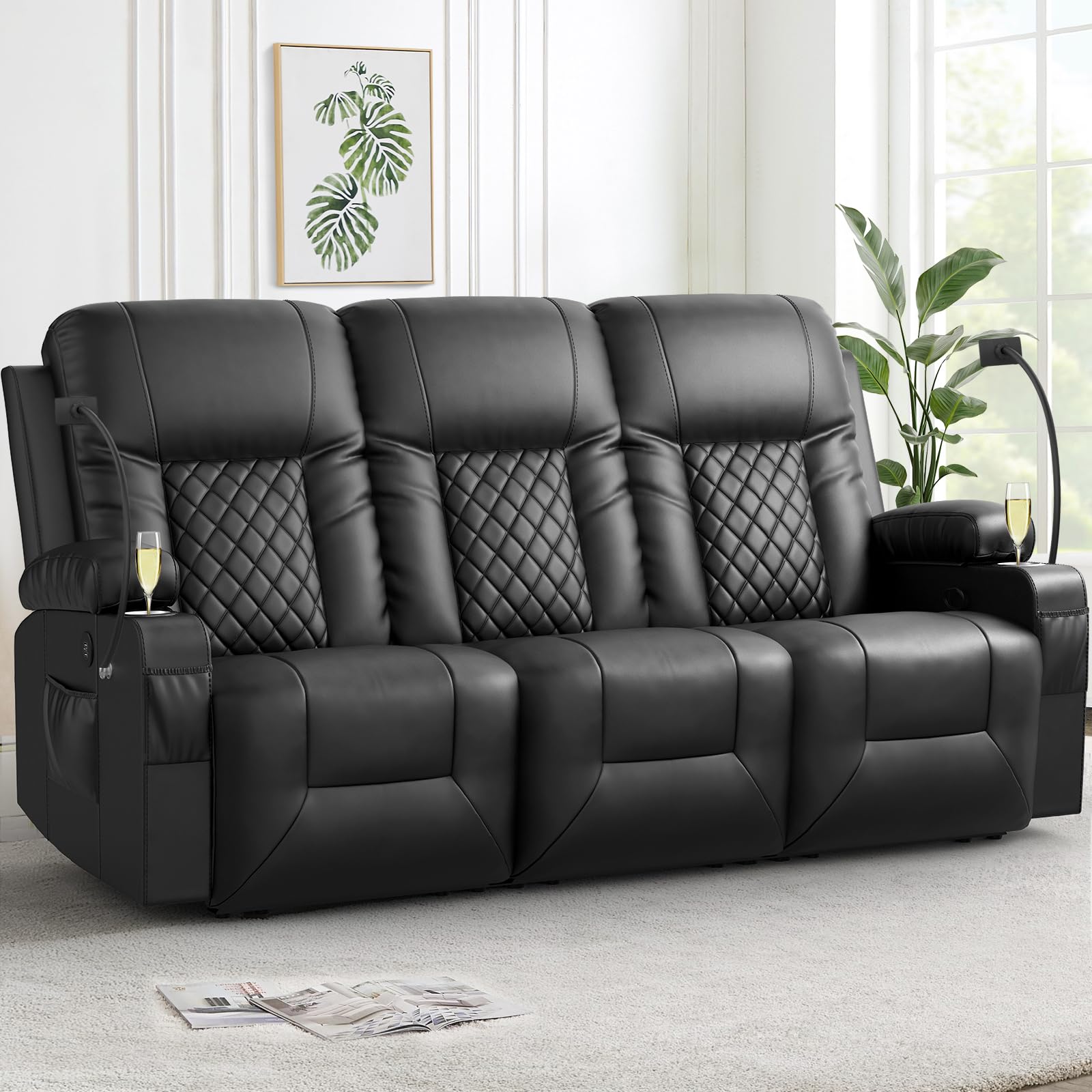 Recliner Sofa, 3 Seats Dual Reclining Sofa, PU Leather Loveseat Recliner, Modern Loveseat Couch for Living Room, with Cup Holder and 2 Cell Phone Holder, USB Ports, BlackThe Forest Stewardship Council