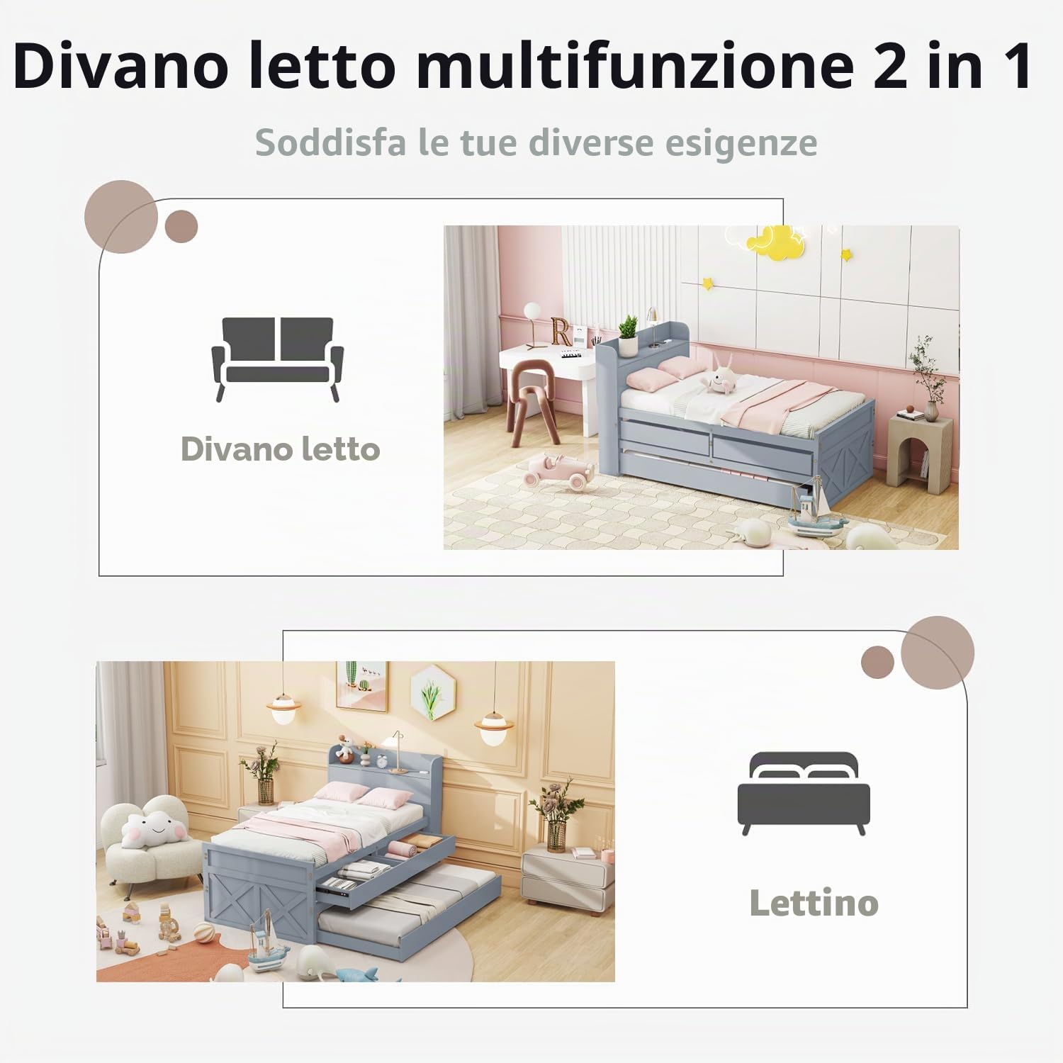 Letto singolo 90x190 cm, letto in legno massiccio di pino multifunzionale con cassetto estraibile, rete a doghe, comodino con ripiani e presa USB, letto per ragazzi e ospiti (Grigio)