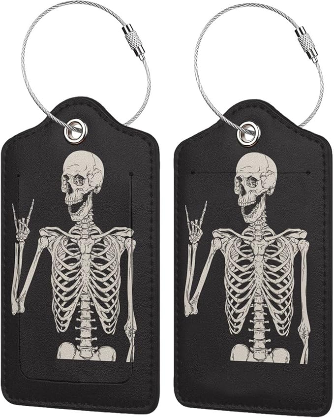 GAMSJM Luggage Tags for suitcases, 2 Pack Skull Rock and Roll Luggage Tag, Leather Stainless Steel Loop Label Tag for Men Travel Bag Suitcase