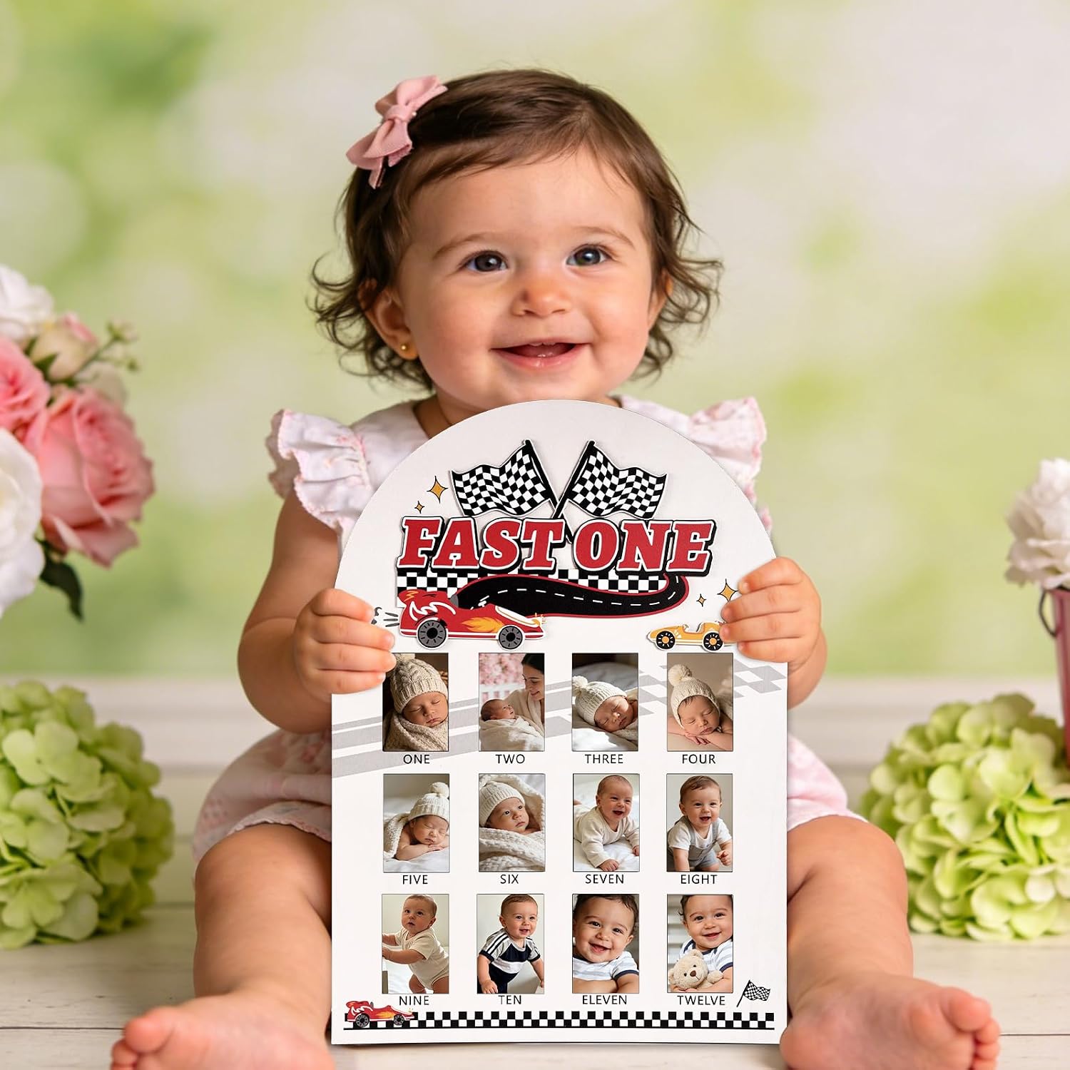 My First Year Photo Frame, Racing Car Theme Baby Milestone Photo Frame Race Car 12 Month Picture Board for Baby 1st Birthday Supplies Keepsake Decoration Gift