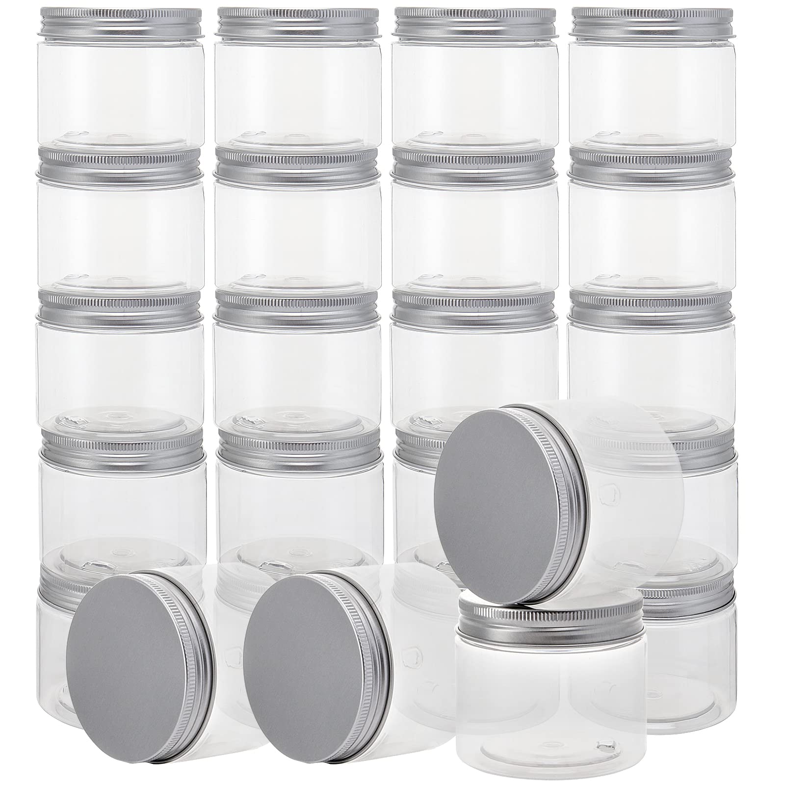JOIKIT 24 Pack 250ml Clear Plastic Jars with Aluminum Lids, Wide Mouth Plastic Storage Jars Container with Lids for DIY Arts Crafts, Beads, Spices, Nuts