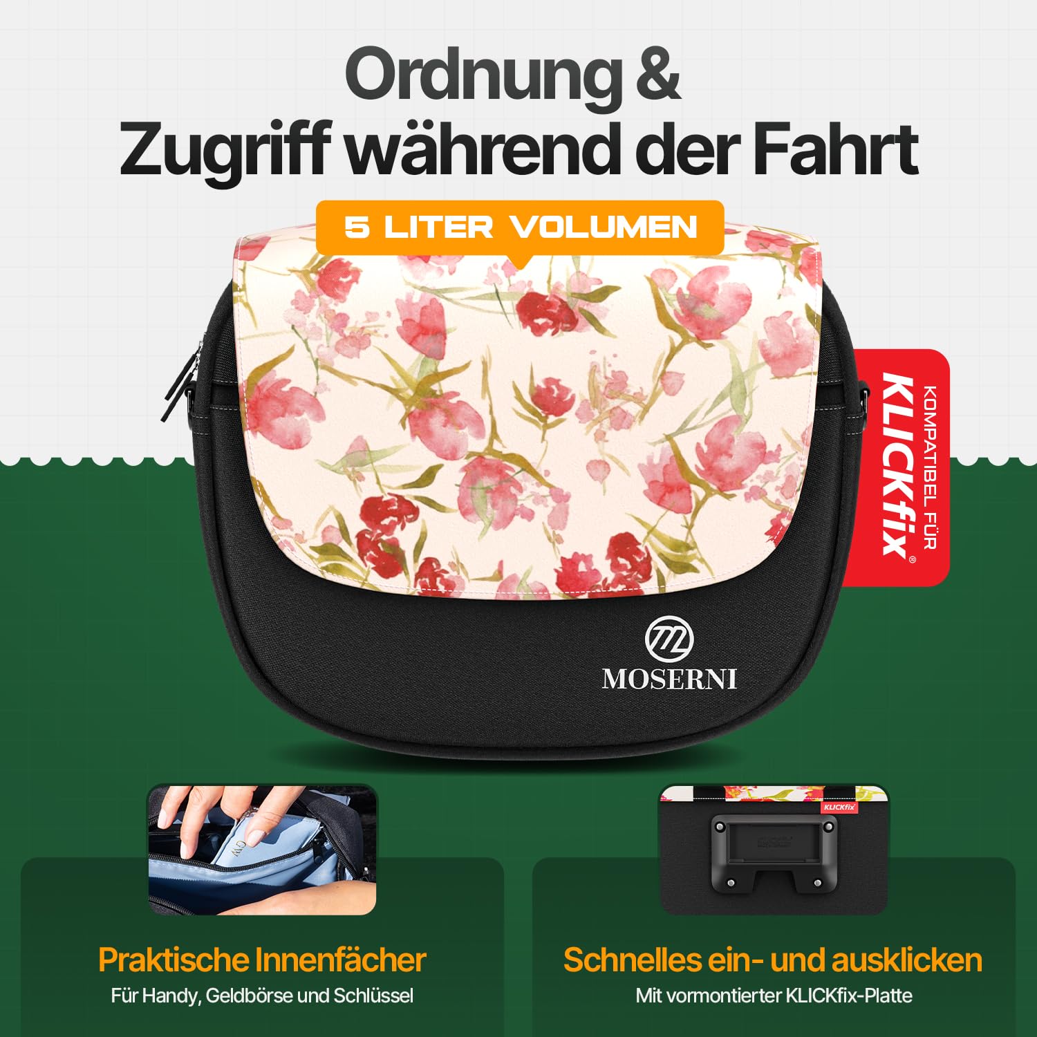 Borsa per manubrio piccola – compatibile con KLICKfix, volume 5 l, resistente agli spruzzi d'acqua e robusta, con parapioggia, ideale per e-bike, bici da corsa e città (motivo floreale)