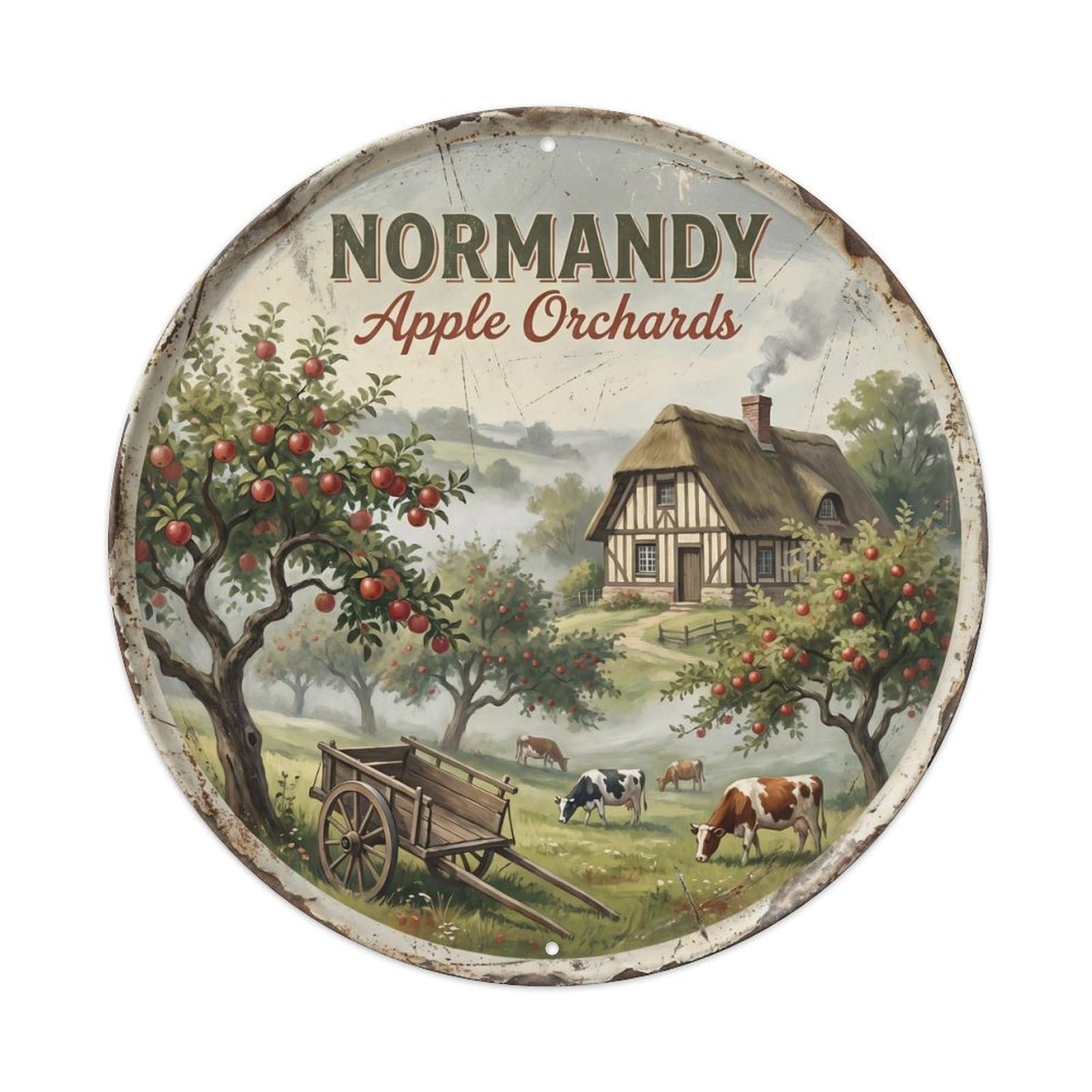 Vintage Travel Orchard Normandy Countryside Metal Tin Sign Plaque Wall Decor for Cafe, Club, Garden Round Metal Poster 8x8Inch