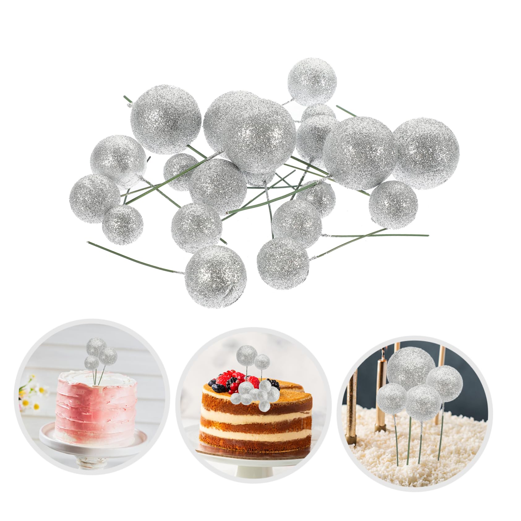 MAGICLULU 20 Pièces Boules de Décoration pour Gâteaux Argentées à Paillettes, en Écume et Fer, pour Cupcakes, Mariage et DIY