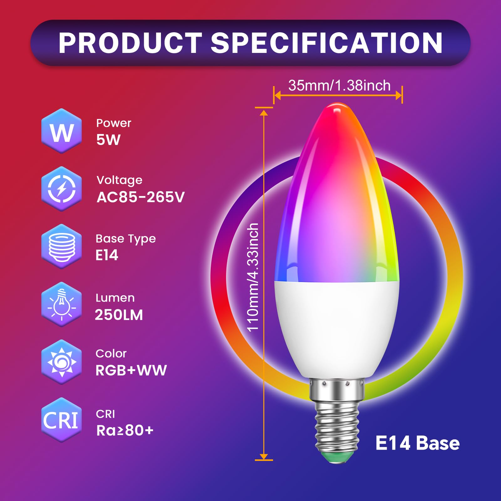 Liuyife 2 Pack 5W E14 C35 Dimmable Multi-Color Candle LED Bulb,Color Changing Bulb with Remote Control - Image 2
