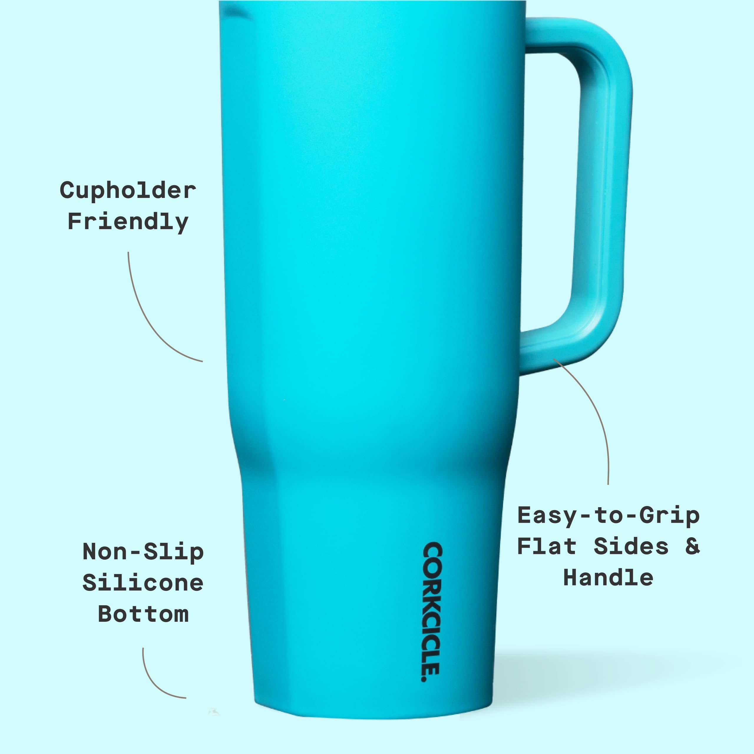 Corkcicle Cruiser Isolierter Becher mit Griff und Strohhalm, Capriblau, 1,2 l, wiederverwendbare Wasserflasche hält Getränke 20 Stunden kalt, 9 Stunden heiß, Becherhalter, auslaufsicherer Becher