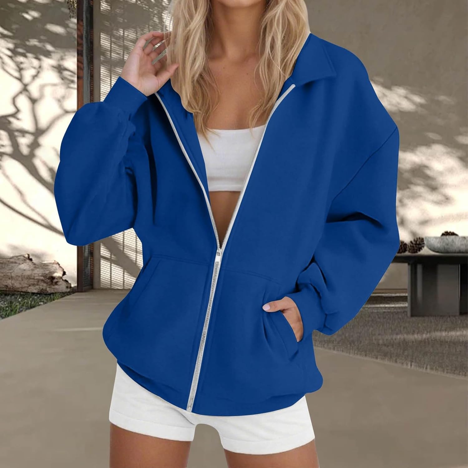 Zip Up Sweatshirt Women No Hood Oversized Casual Long Sleeve Full Zip Jacket with Pockets Fall 2025 Fashion Outerwear - Image 2