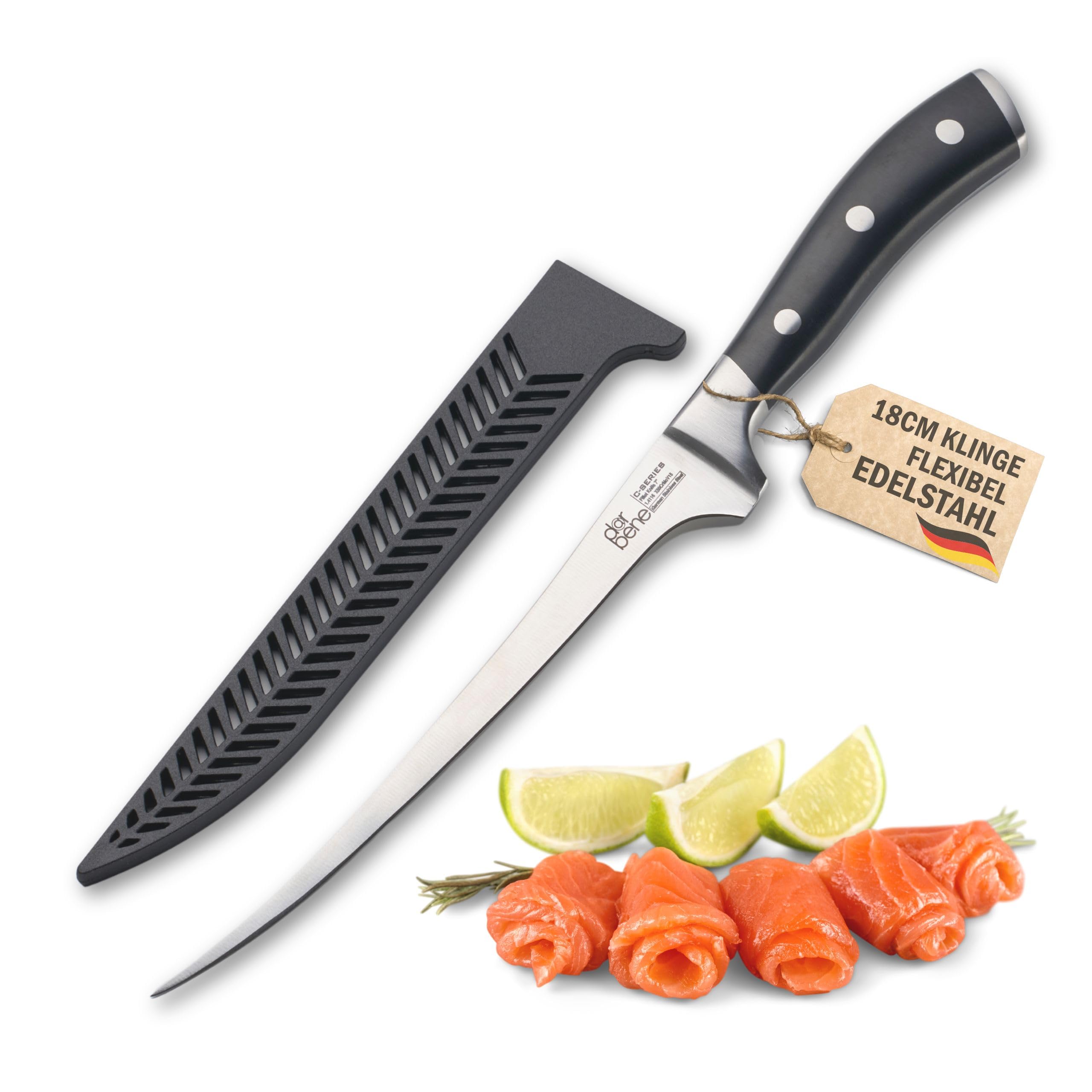 DarBene Filetiermesser C-Series 18cm Profi Küchenmesser aus deutschem Edelstahl, biegsam und flexibel, extrem scharfe Klinge, ABS Griff, nachschleifbar, inkl. Klingenschutz