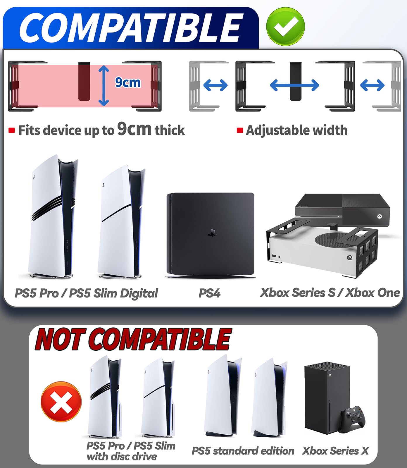 sciuU Supporto Orizzontale Sotto Scrivania/Supporto Parete Verticale compatibile con PS5 Pro Digital, PS5 Slim Digital, Xbox Series S, Xbox One – Porta Console da Muro/Tavolo in Acciaio Inox