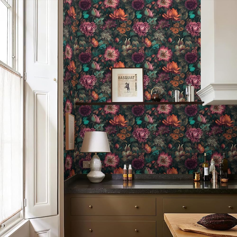 REDAMANCY Exotic Vintage Flower Forest Purple/Pink/Red Peony Floral Peel and Stick Wallpaper Stick on Contact Paper Vintage Wall Paper Easy Peel Off for nightstand Drawer Cabinet