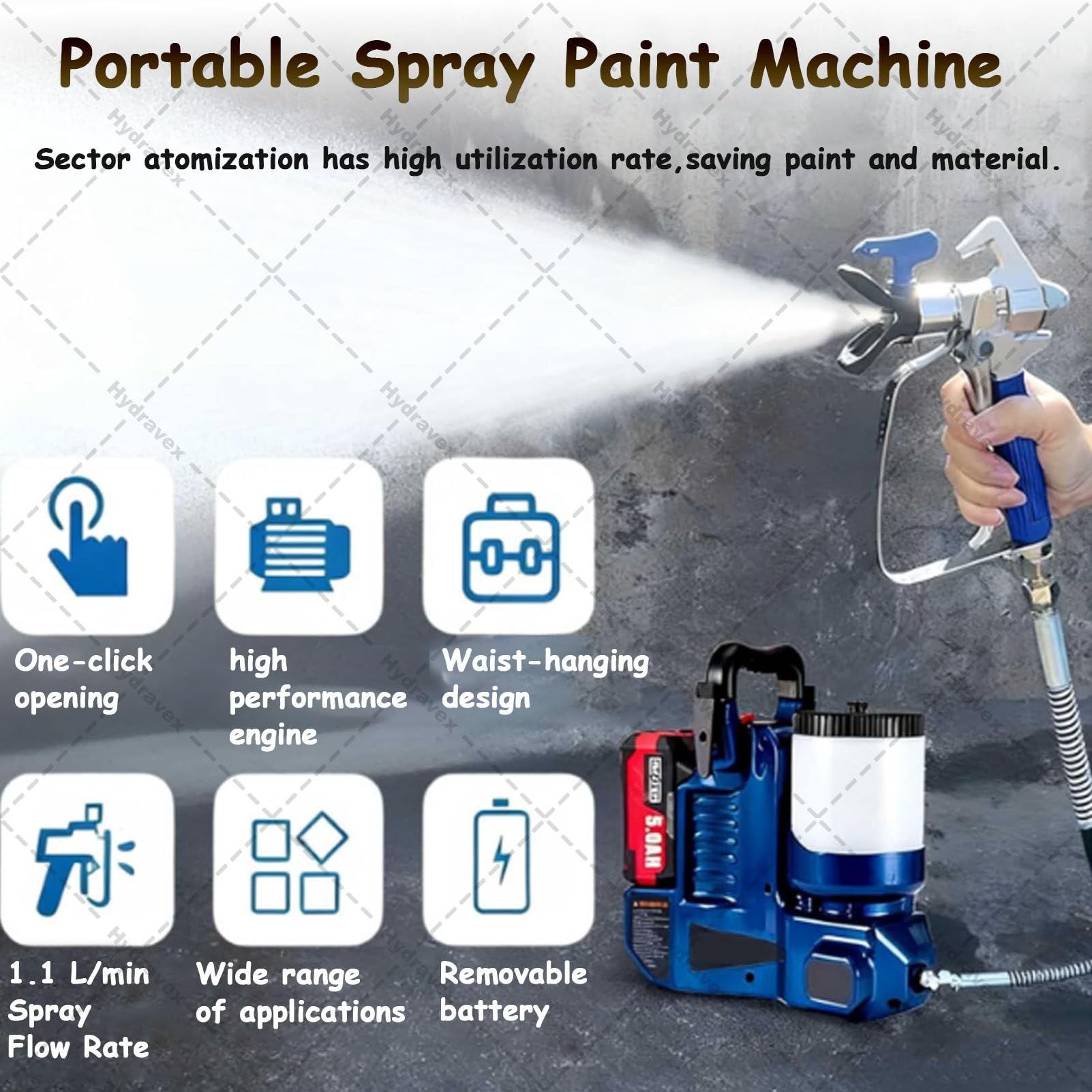Pistola de pintura de mano para paredes, pulverizador alimentado por pilas para valla, 6 velocidades, flujo de 1,1 l/min, capacidad de 1,2 L para pintura interior y exterior