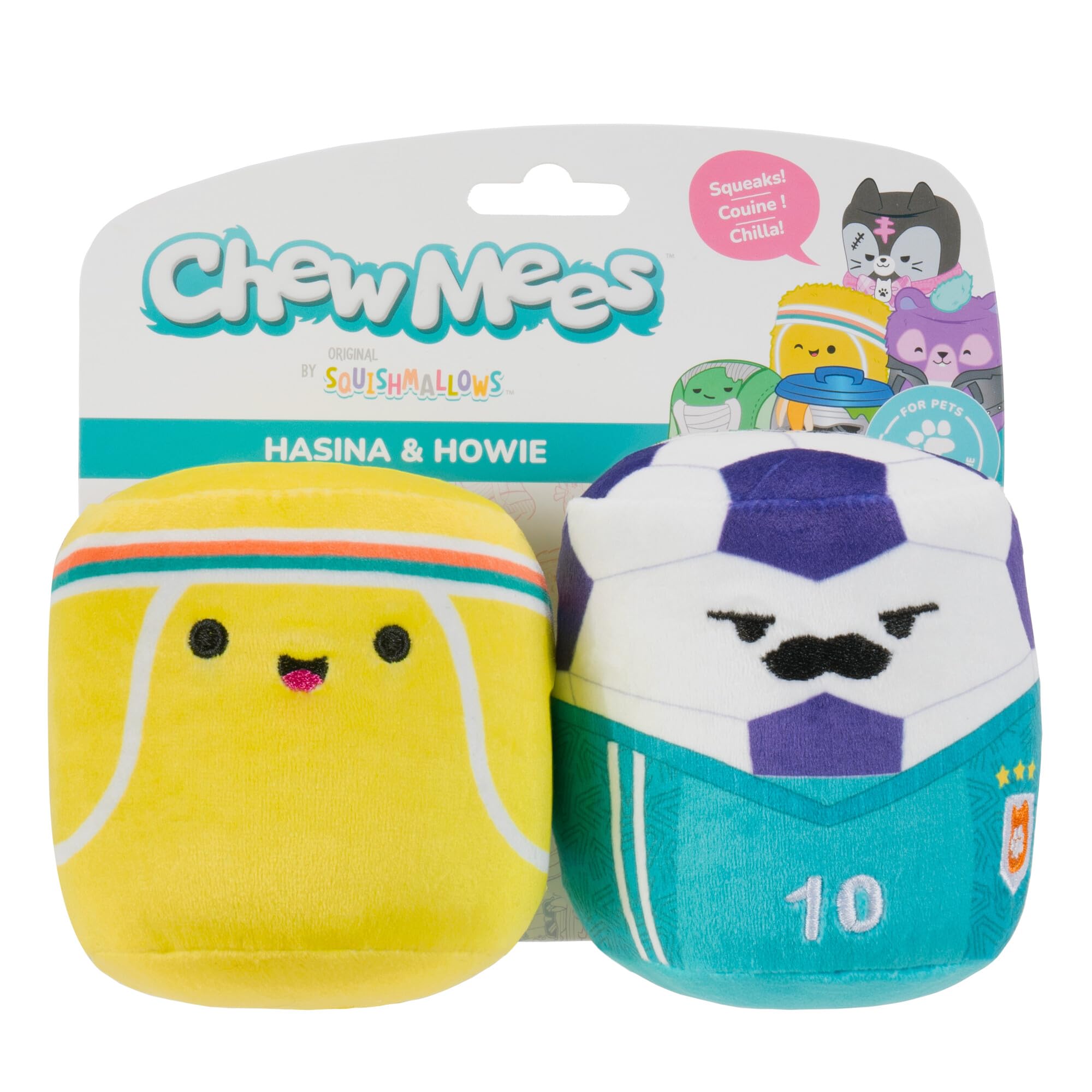 Squishmallows Chew Mees JPT1484 Hasina Tennisball + Howie Fußball Hundespielzeug 2er-Pack – 9 cm – nur von Original