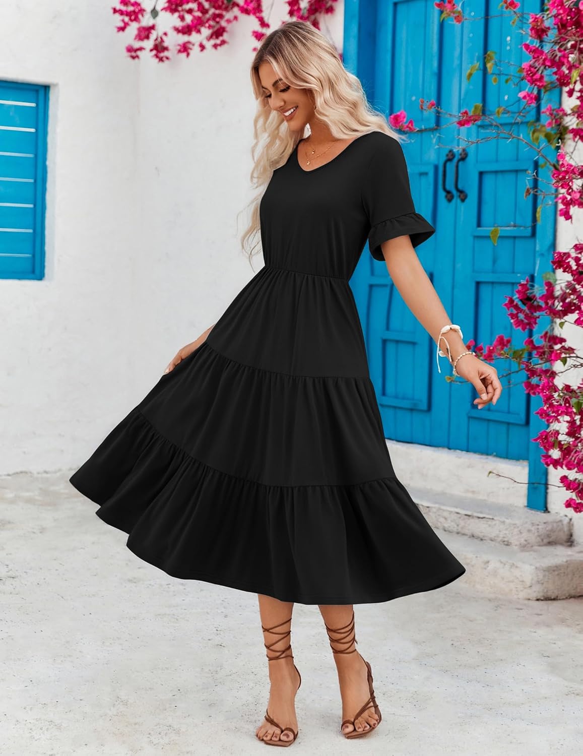 ZEAGOO Women's Summer Dresses Midi Tiered Casual Dress Floral V Neck Ruffle Short Sleeve Flowy Beach Dress with Pockets - Image 2