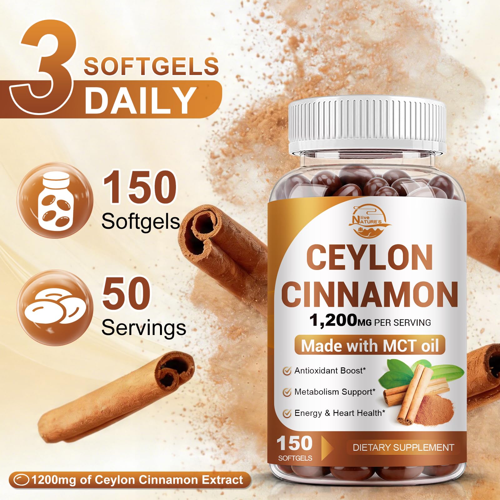 Nature's live Ceylon Cinnamon Supplement with MCT Oil, 150 Softgels — Amazon image 7