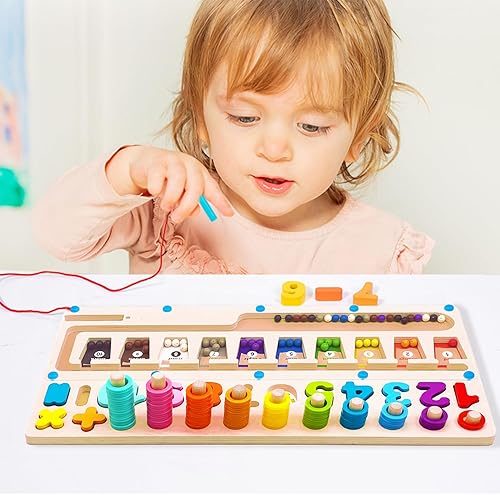 Miniatura 3 de Juguetes Montessori de madera 4 en 1, laberinto magnético de color y número para niños pequeños, rompecabezas de aprendizaje a juego de conteo de