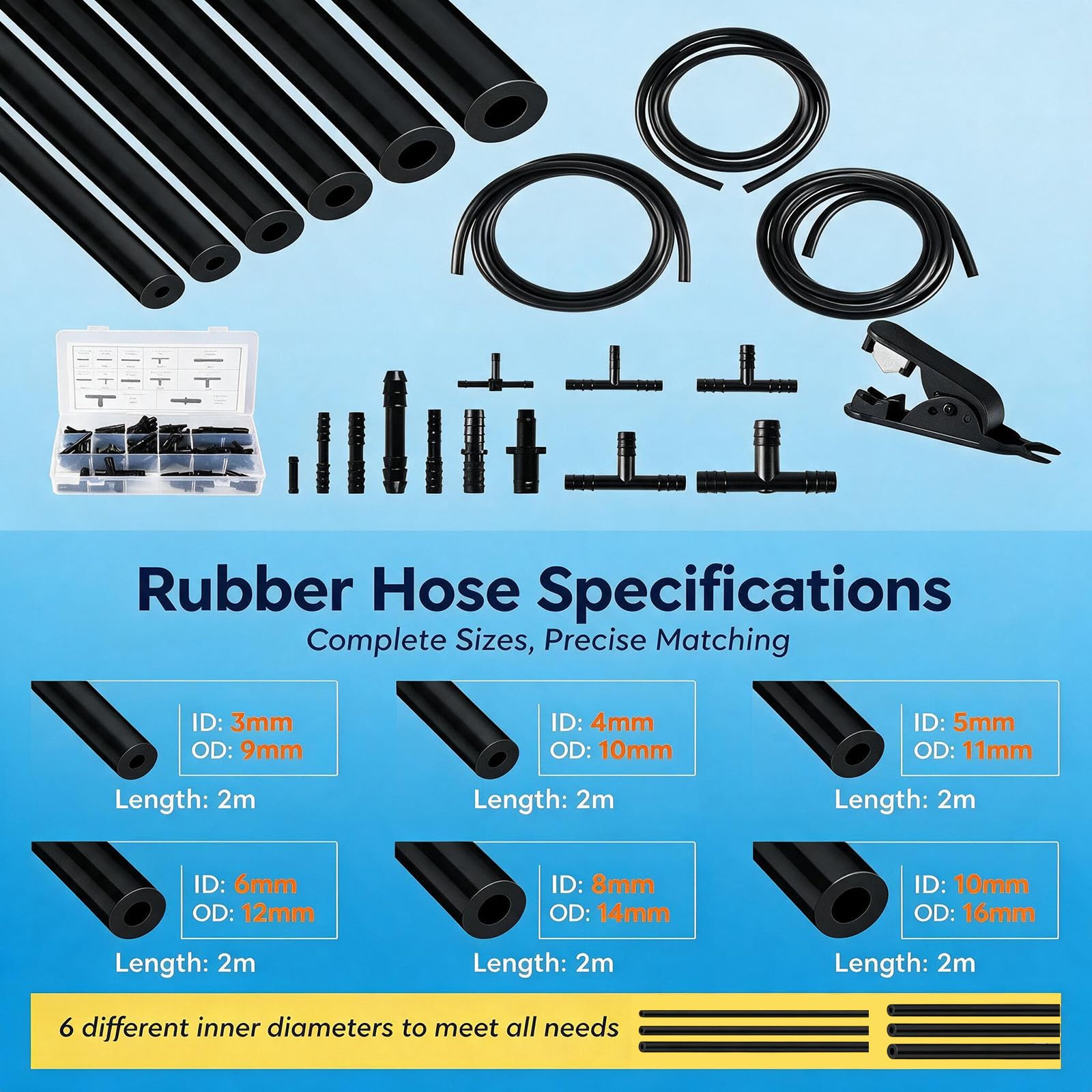 Kit Tubo Silicona Vacío 6x2m con 120 Conectores, Coche Moto | Manguera flexible de silicona resistente al calor para líneas de aire, agua y reparaciones en automoción o taller