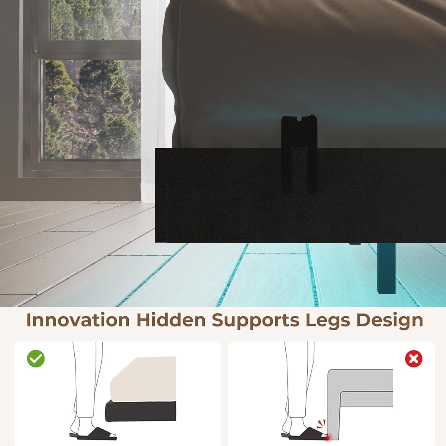 Diagram showing the dimensions of the King Size Floating Bed Frame: 79.92 inches length, 76.22 inches width, 8.63 inches height, and 3.93 inches under-bed clearance. Also indicates 800 lbs weight capacity and 15.7 ft LED light strip.