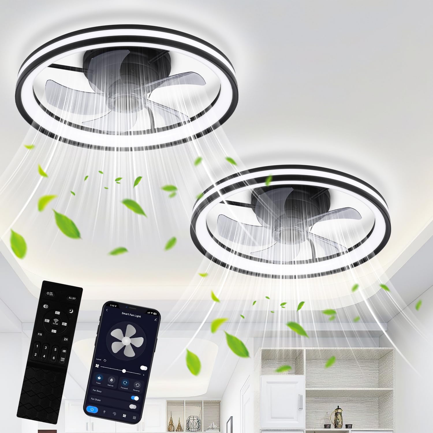 2 ventiladores de techo con iluminación y mando a distancia, diámetro de 48 cm, lámpara de techo con ventilador regulable, 3 temperaturas de color y 6 niveles, función verano/invierno, con