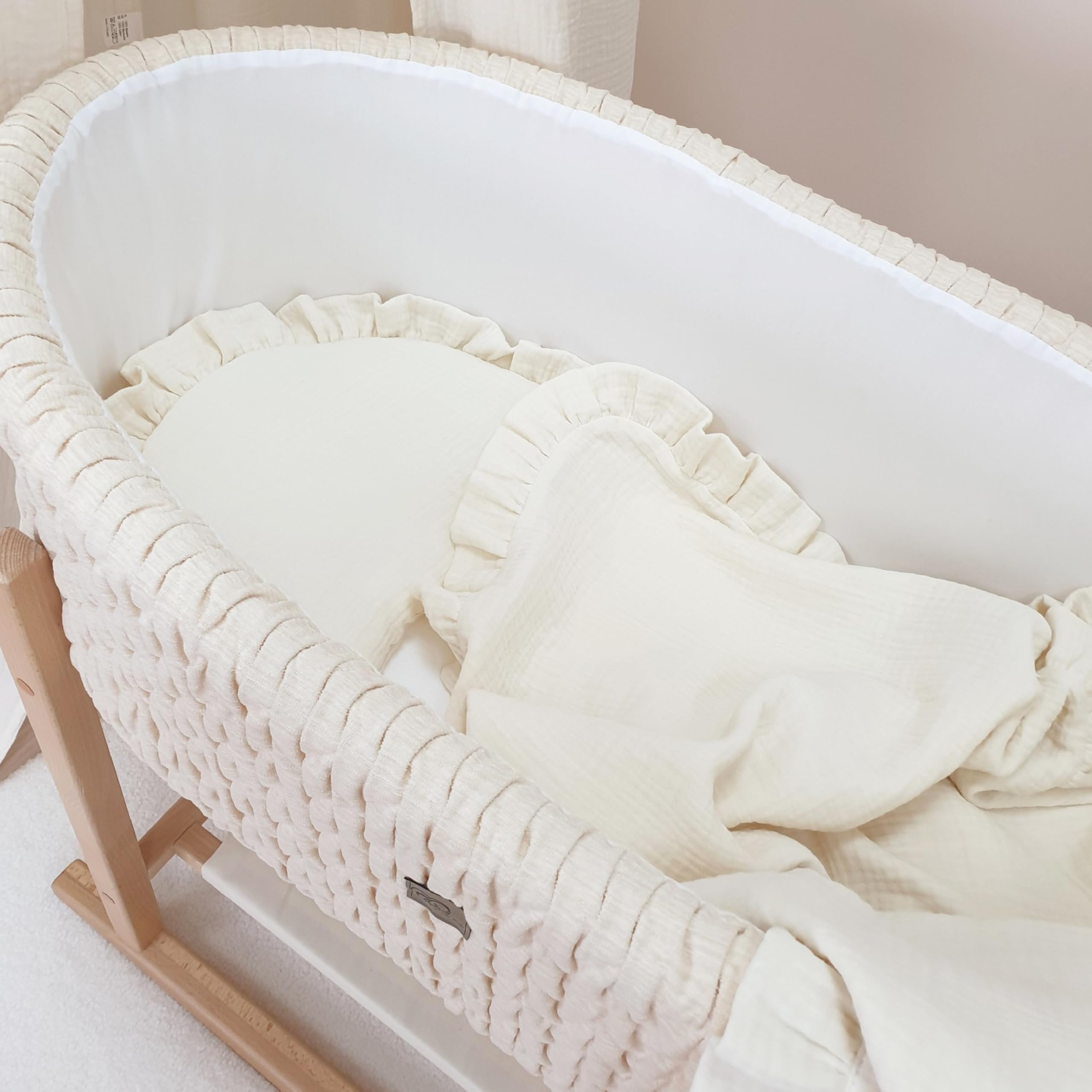 PinkZebra Biancheria da letto in mussola con volant per neonati, set di biancheria da lettino: morbido cuscino piatto + coperta a 4 strati in 100% cotone biologico, coperta morbida, coperta per