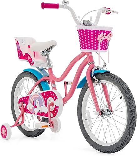 Miniatura 22 de BABY JOY Bicicleta para niños de 12, 14, 16, 18, 20 pulgadas, con ruedas de entrenamiento desmontables o soporte, cesta de almacenamiento, asiento