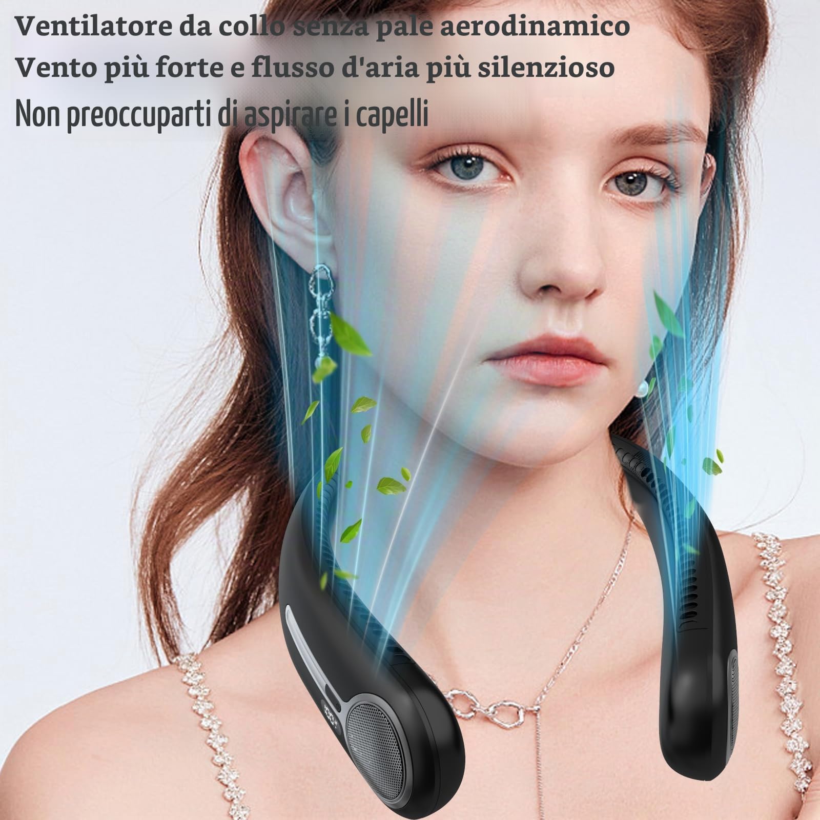 Ventilatore da collo portatile, senza pale, 6000 mAh, ricaricabile tramite USB, flusso d'aria a 360°, display a LED, 4 velocità, ventilatore a mani libere per esterni e interni, regalo di compleanno
