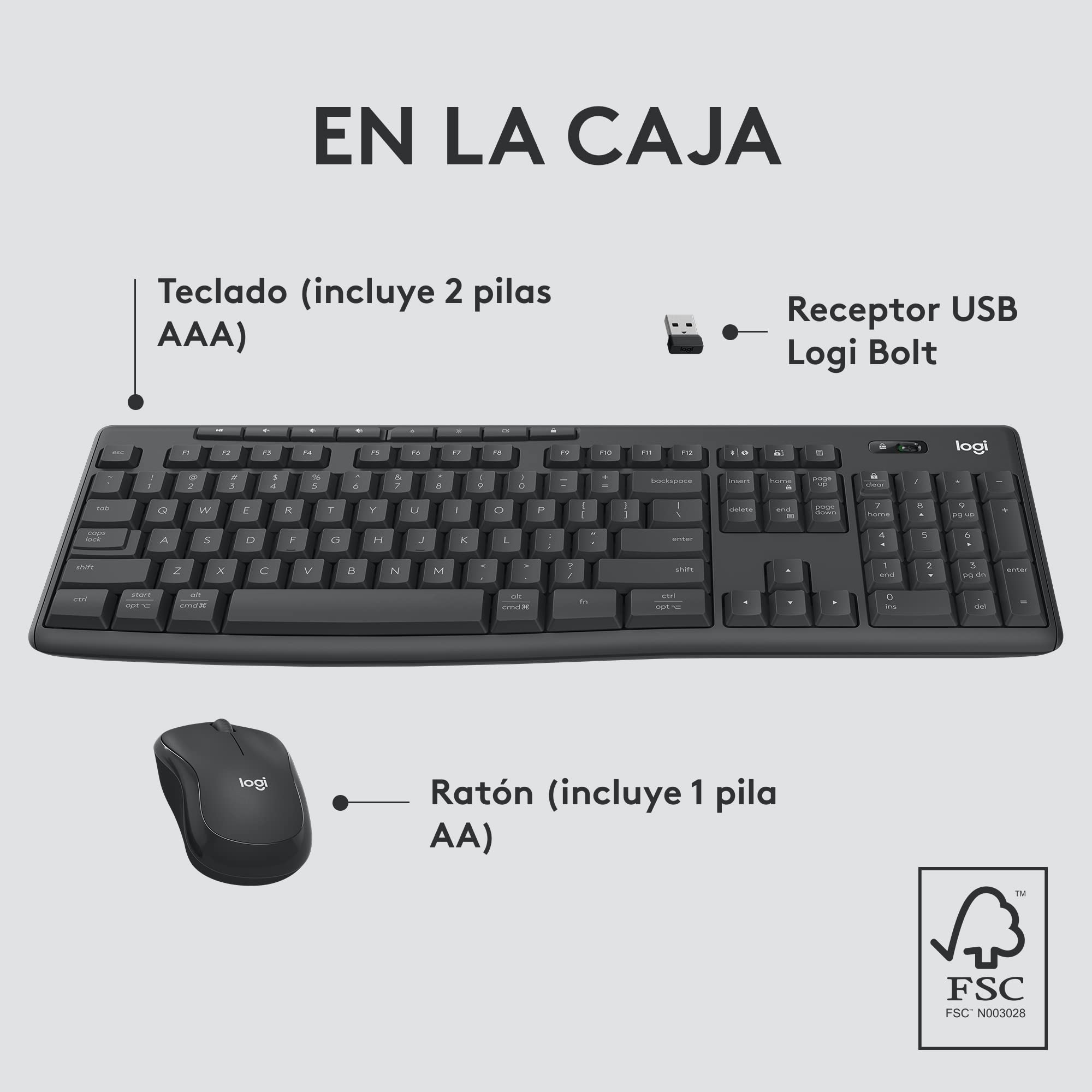 Logitech MK370 Combo Empresa, Teclado inalámbrico estándar y ratón inalámbrico, Receptor USB Logi Bolt, Bluetooth, certificación Mundial Windows/Mac/Chrome/Linux, QWERTY Español, Gris