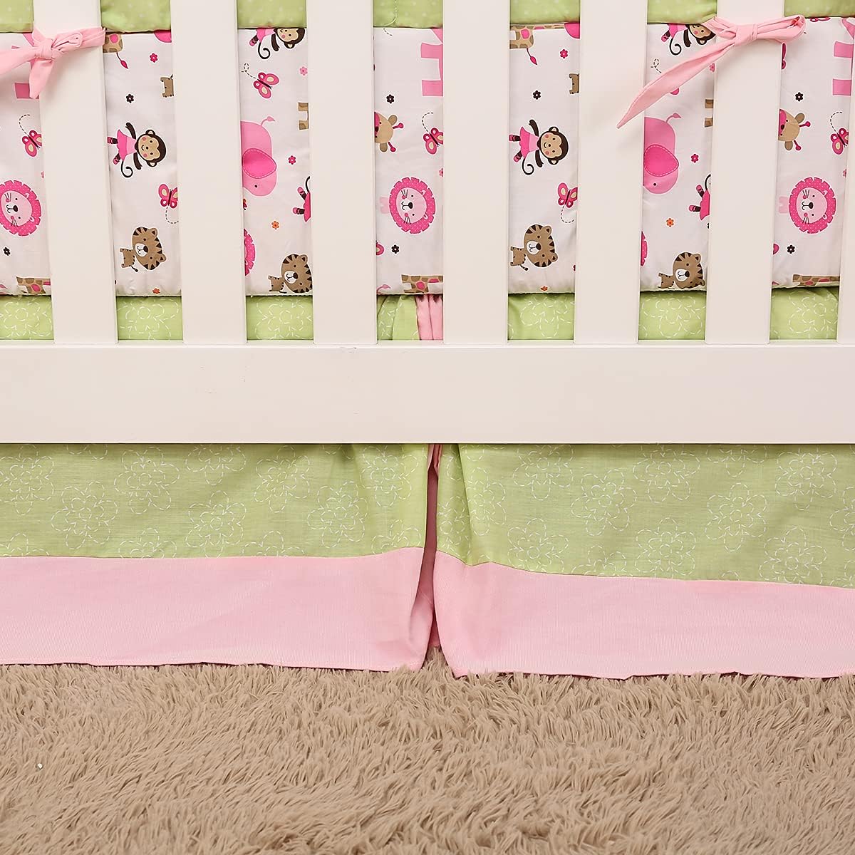 5 PCs Pink Wild Animal Themed Nursery Crib Bedding Set Baby Girl Embroidery Zoo Animal Thematic Cot Bedding Set